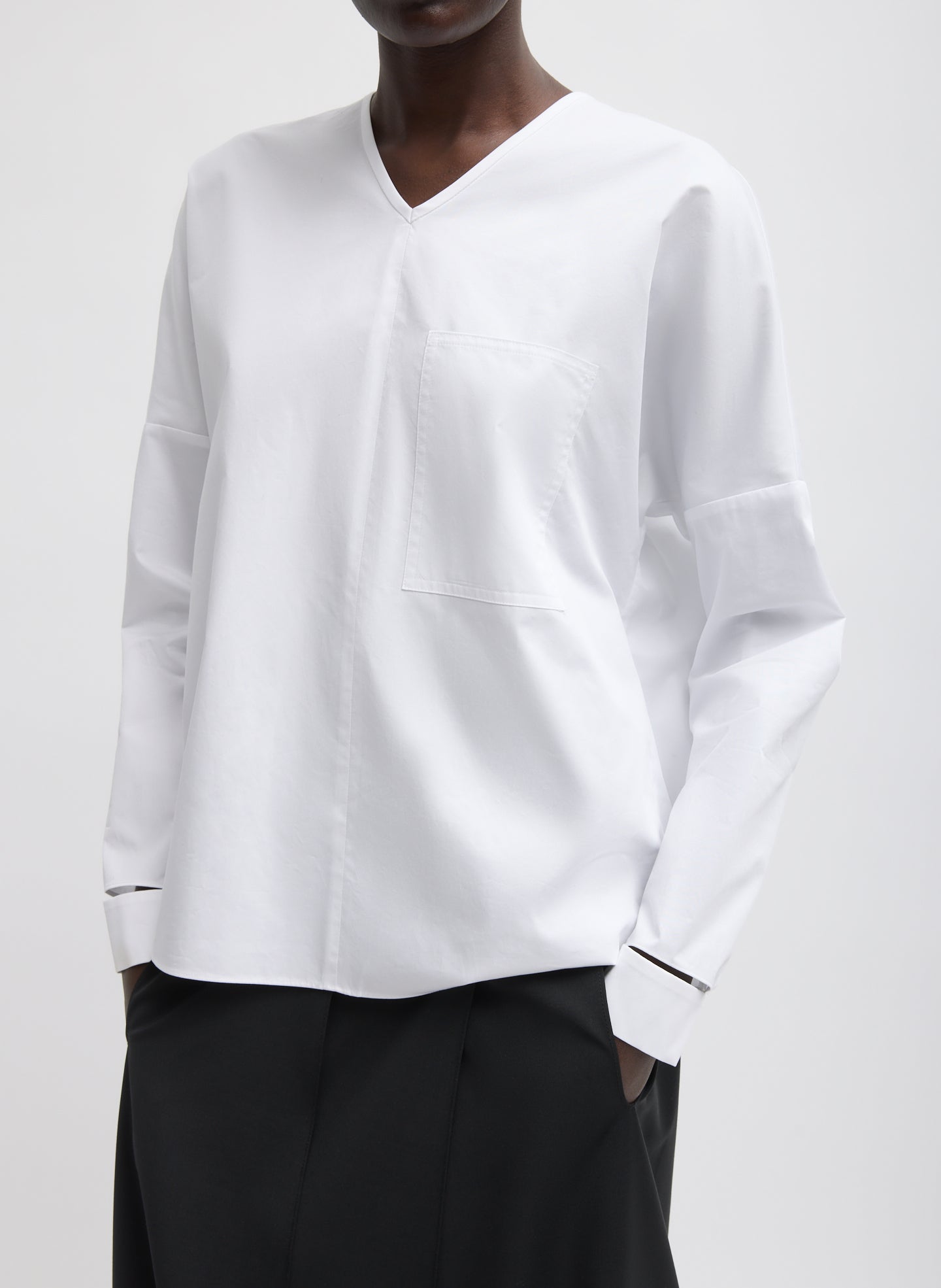 White Eco Poplin V-Neck Dolman Top - front view on model