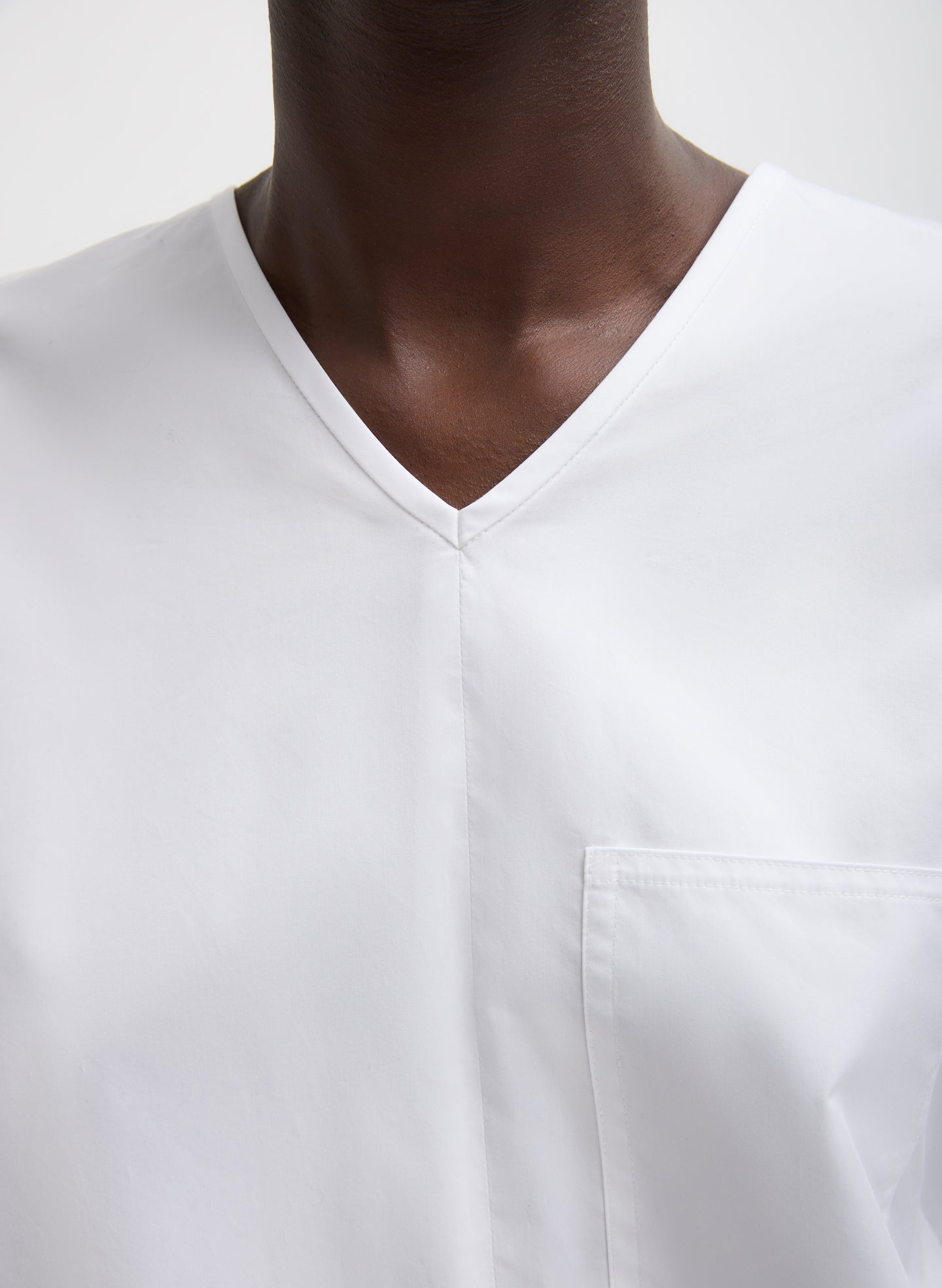 White Eco Poplin V-Neck Dolman Top - closeup of v-neck neckline