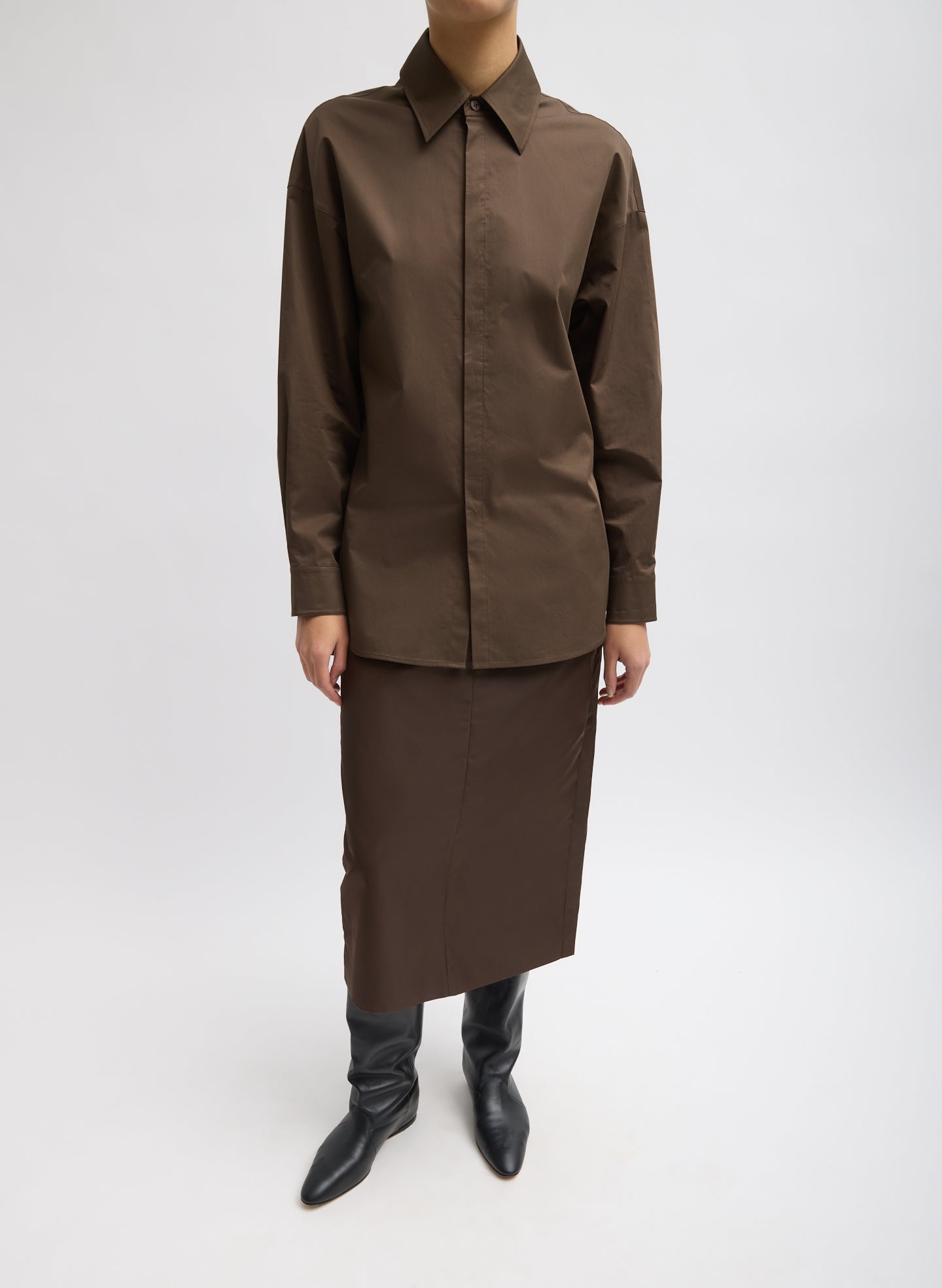 Brown Eco Poplin Tailored Shirt - full look, front view on model
