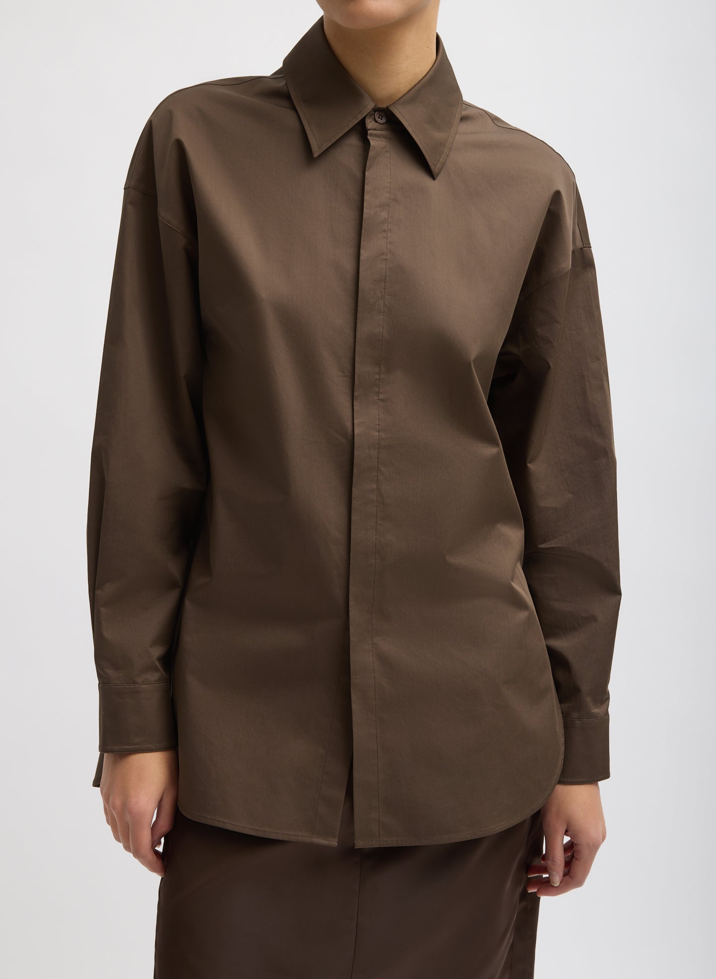 Brown Eco Poplin Tailored Shirt - button down, front view on model