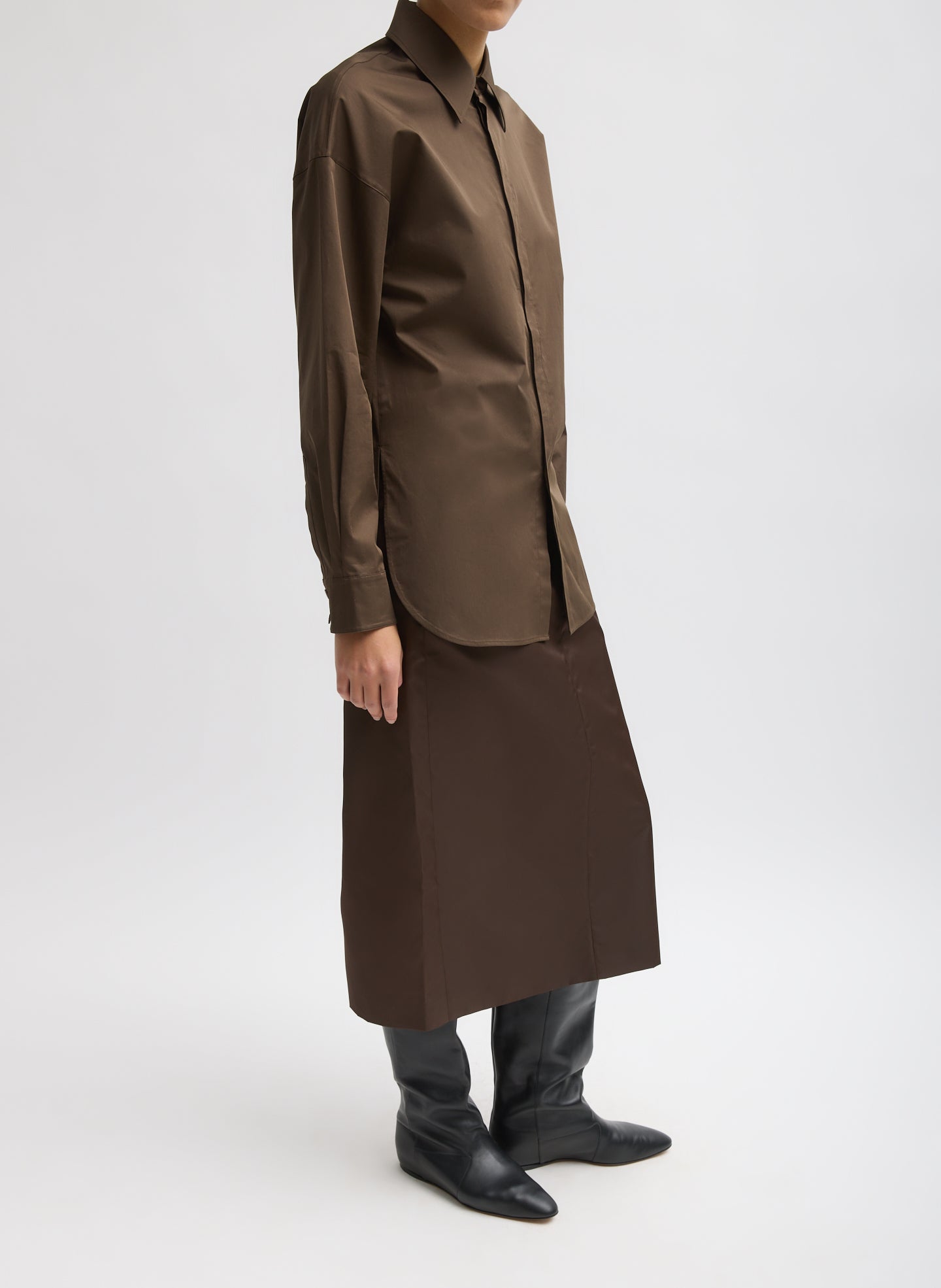 Brown Eco Poplin Tailored Shirt - full look, side view on model