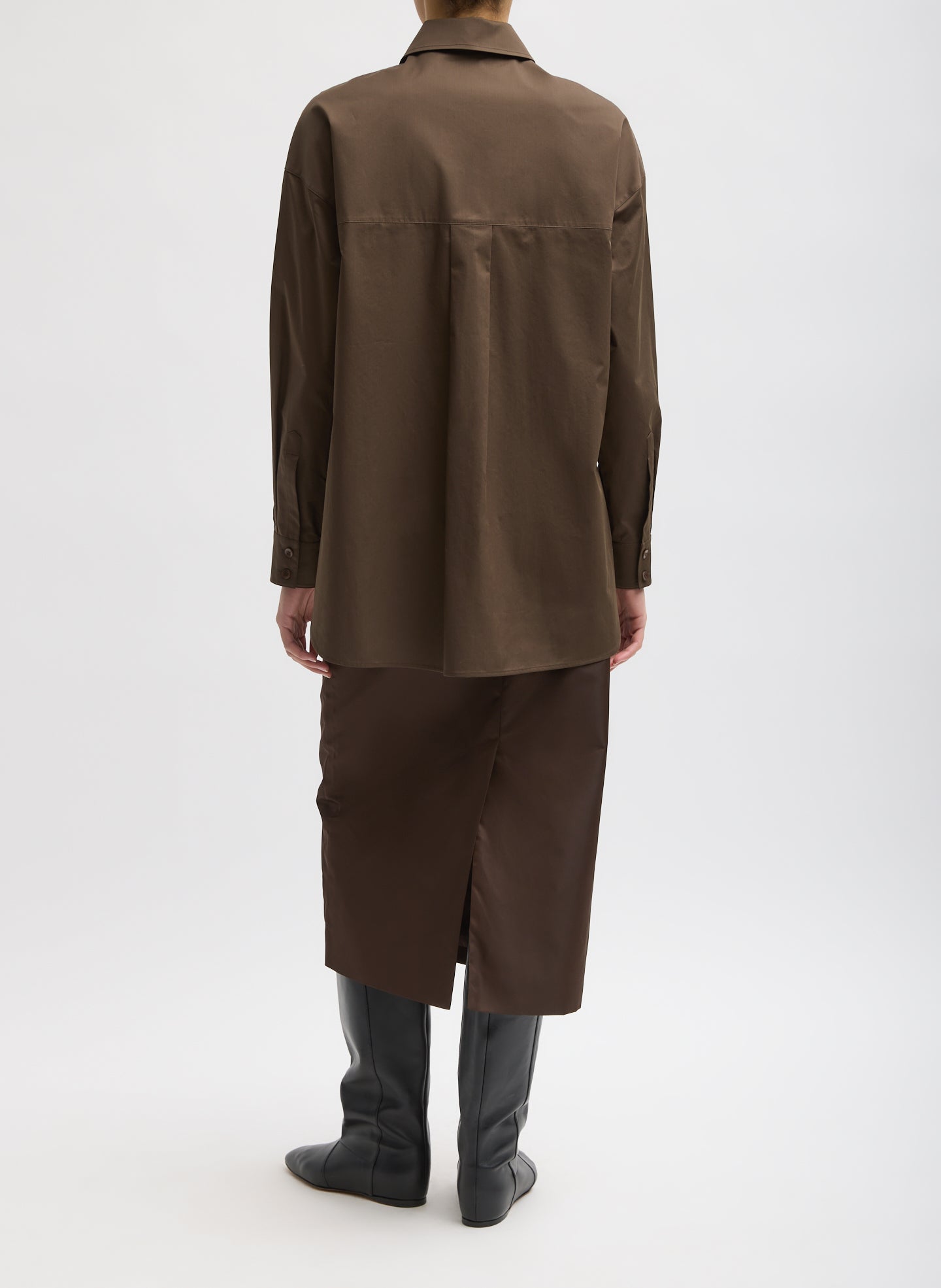 Brown Eco Poplin Tailored Shirt - full look, back view on model