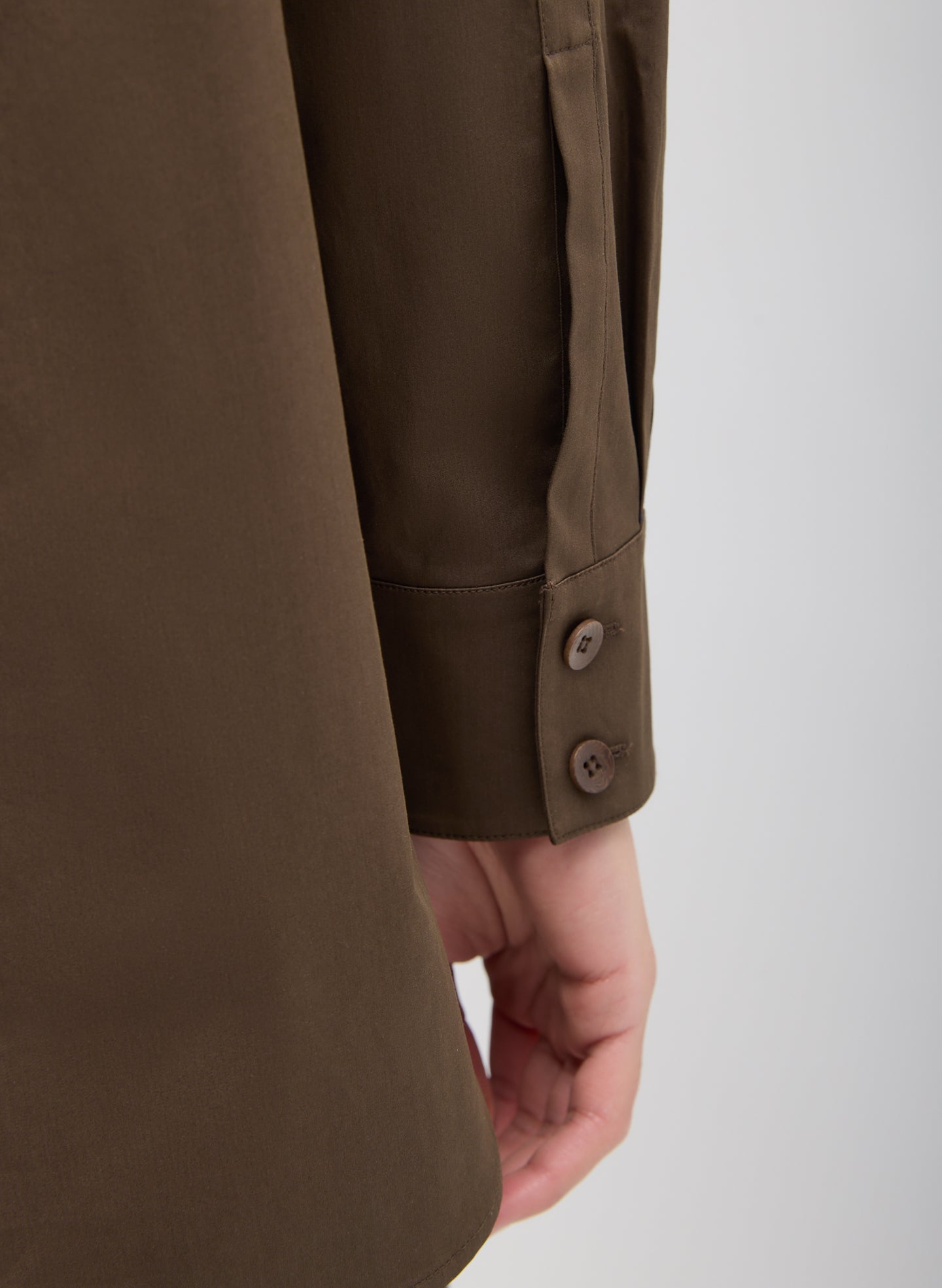 Brown Eco Poplin Tailored Shirt - closeup of button detail on sleeve