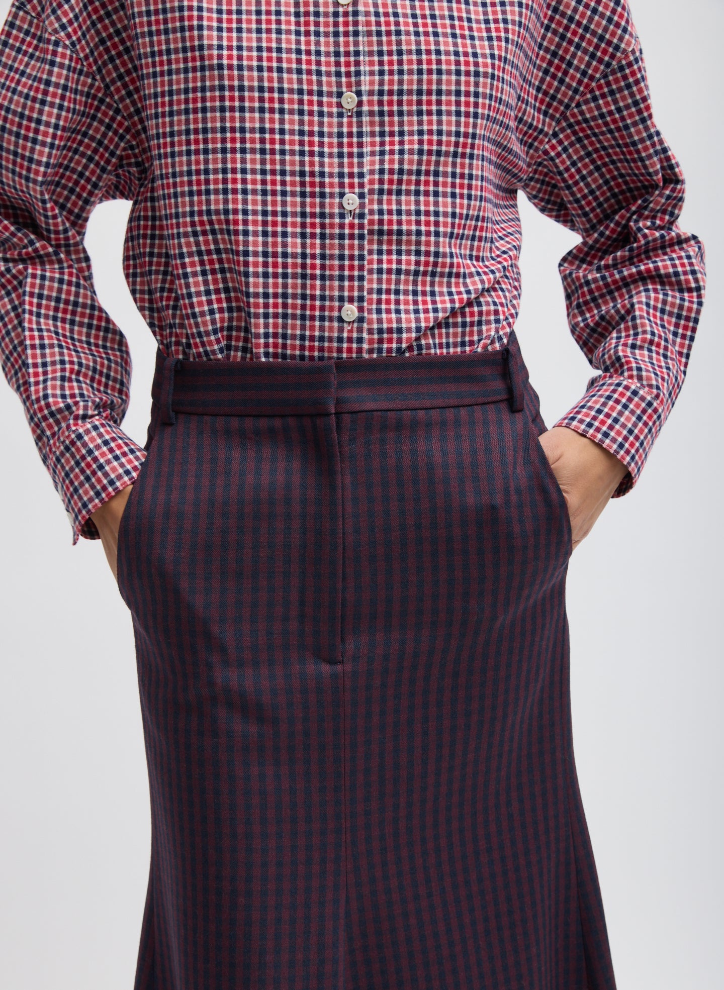 Wine Navy Multi Jules Wool Gingham Sculpted Silke Skirt - closeup of pattern and fabric