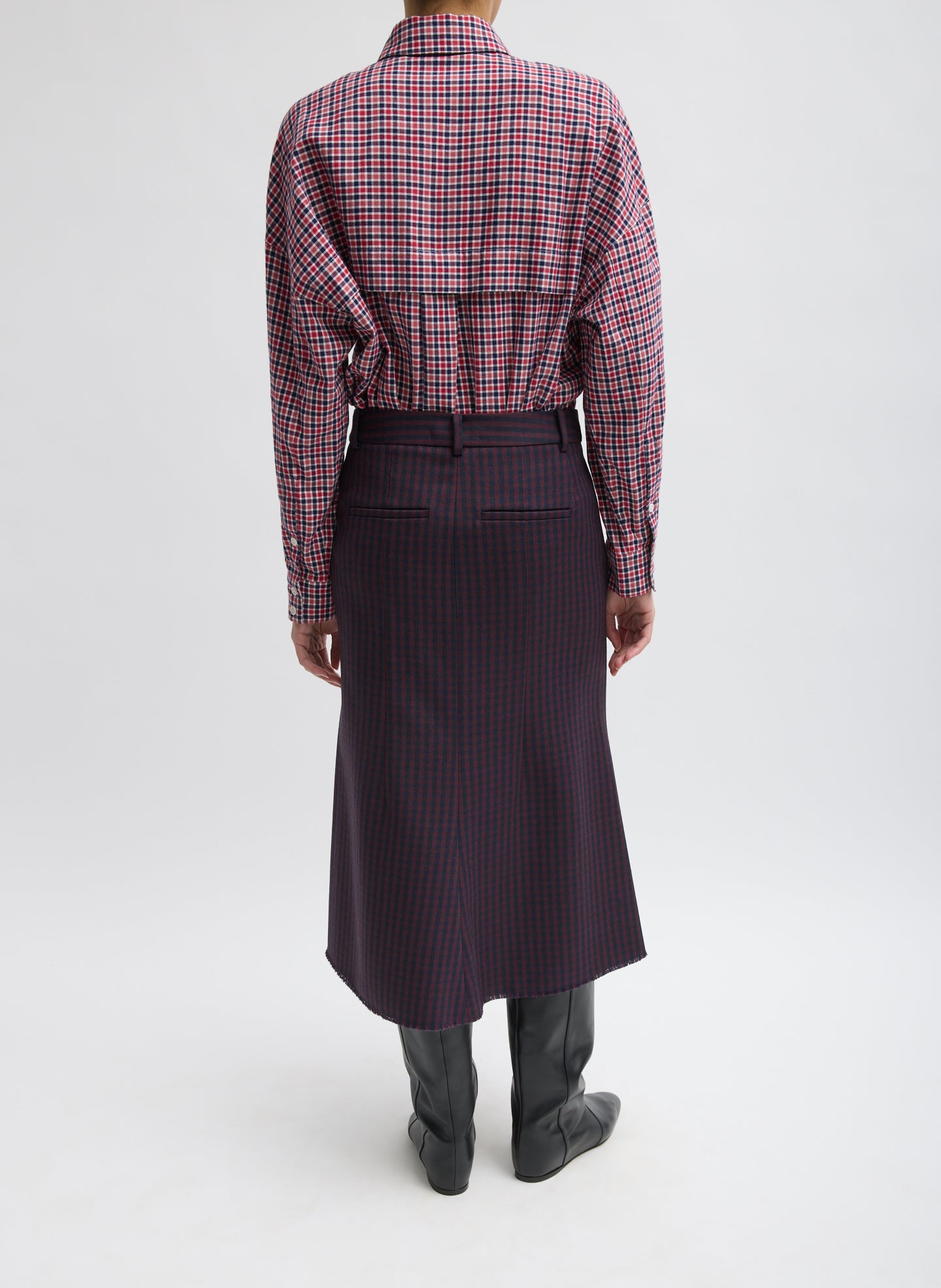 Wine Navy Multi Jules Wool Gingham Sculpted Silke Skirt - full look, back view on model