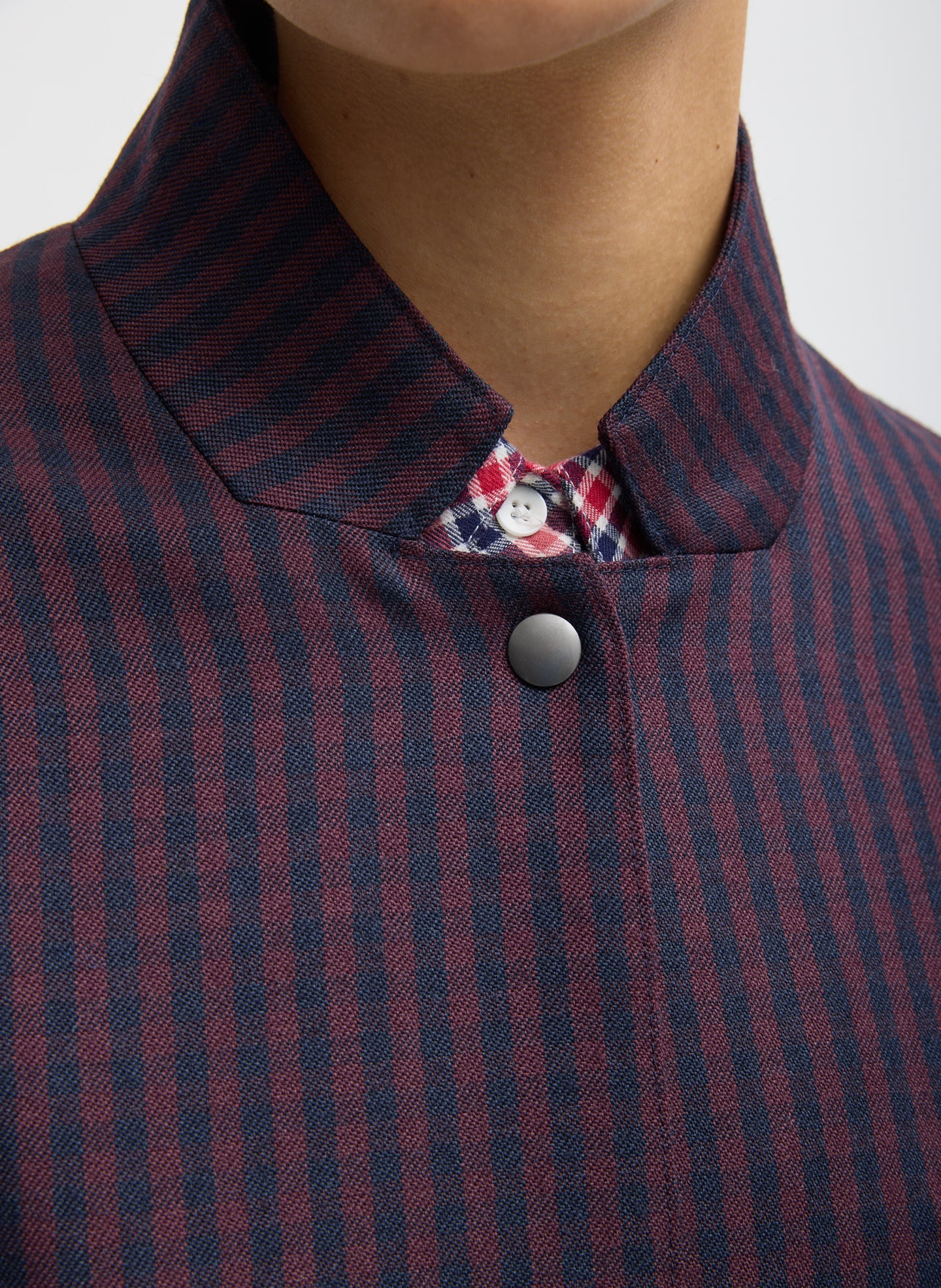 Wine Navy Multi Jules Wool Gingham Long Belted Bomber - closeup of pattern and button detail
