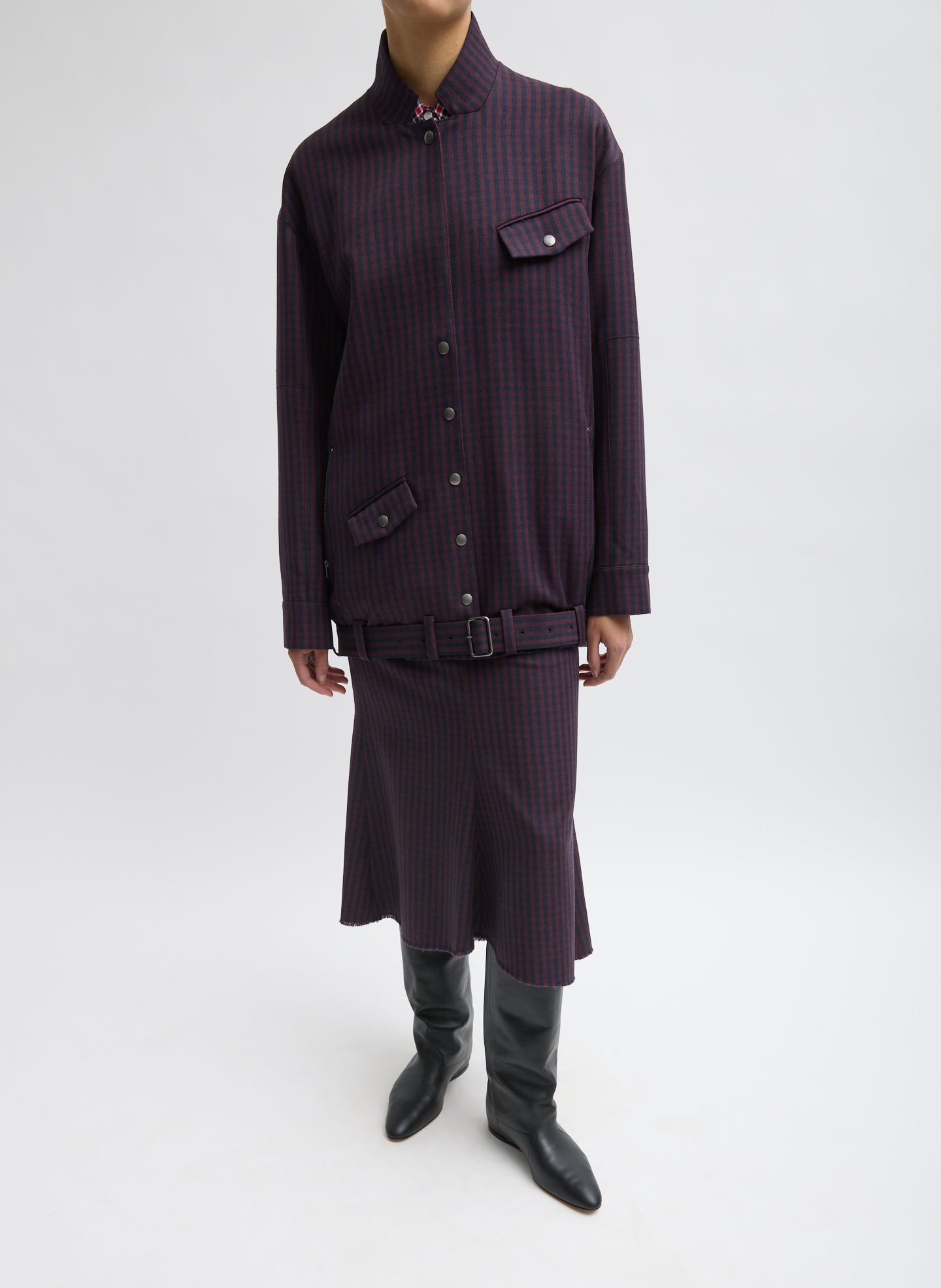Wine Navy Multi Jules Wool Gingham Long Belted Bomber - full look, front view on model