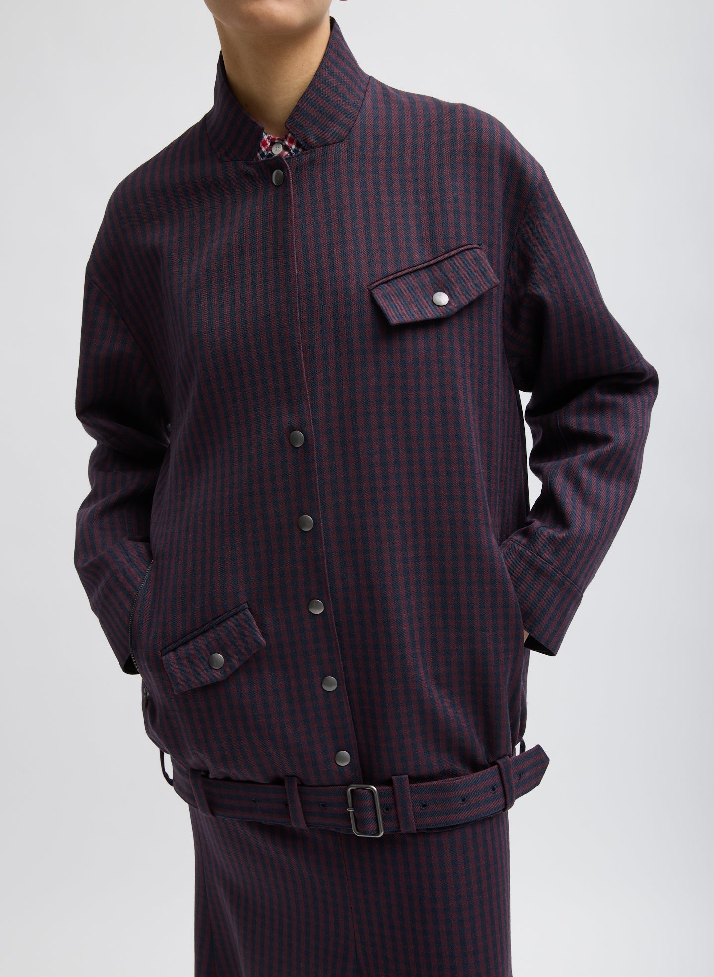 Wine Navy Multi Jules Wool Gingham Long Belted Bomber - front view on model