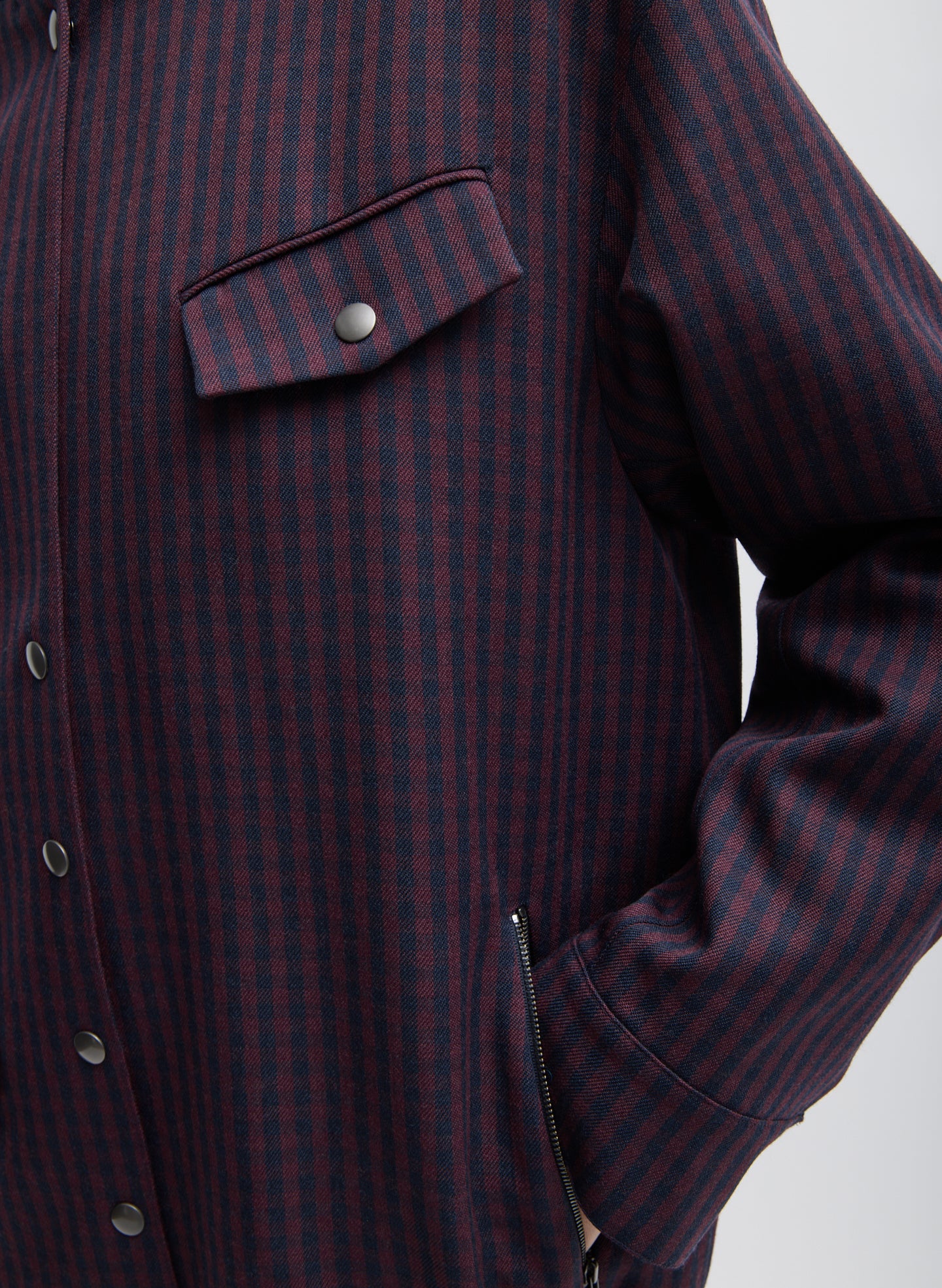 Wine Navy Multi Jules Wool Gingham Long Belted Bomber - closeup of front pocket detail