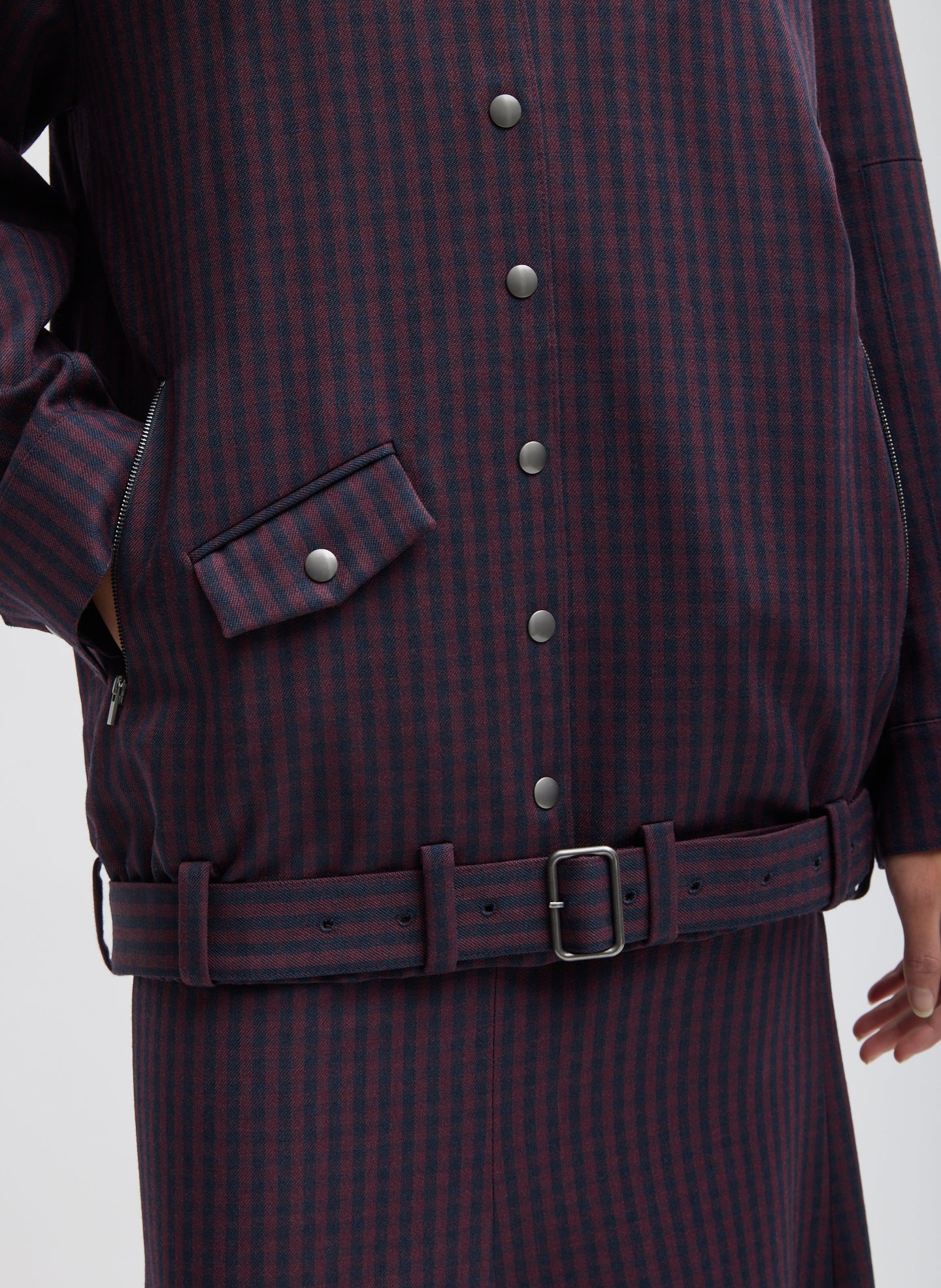 Wine Navy Multi Jules Wool Gingham Long Belted Bomber - closeup of belt detail