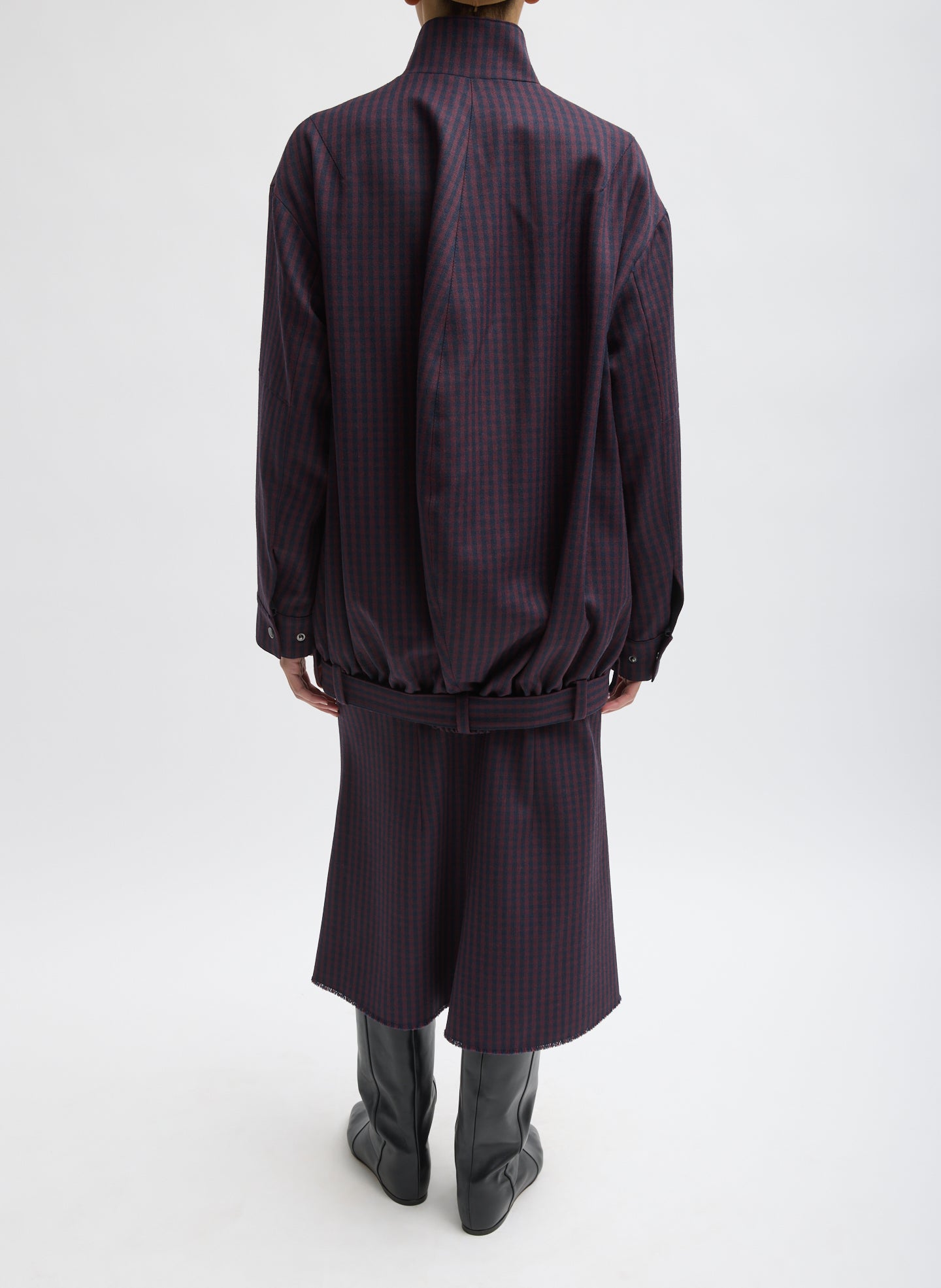 Wine Navy Multi Jules Wool Gingham Long Belted Bomber - full look, back view on model