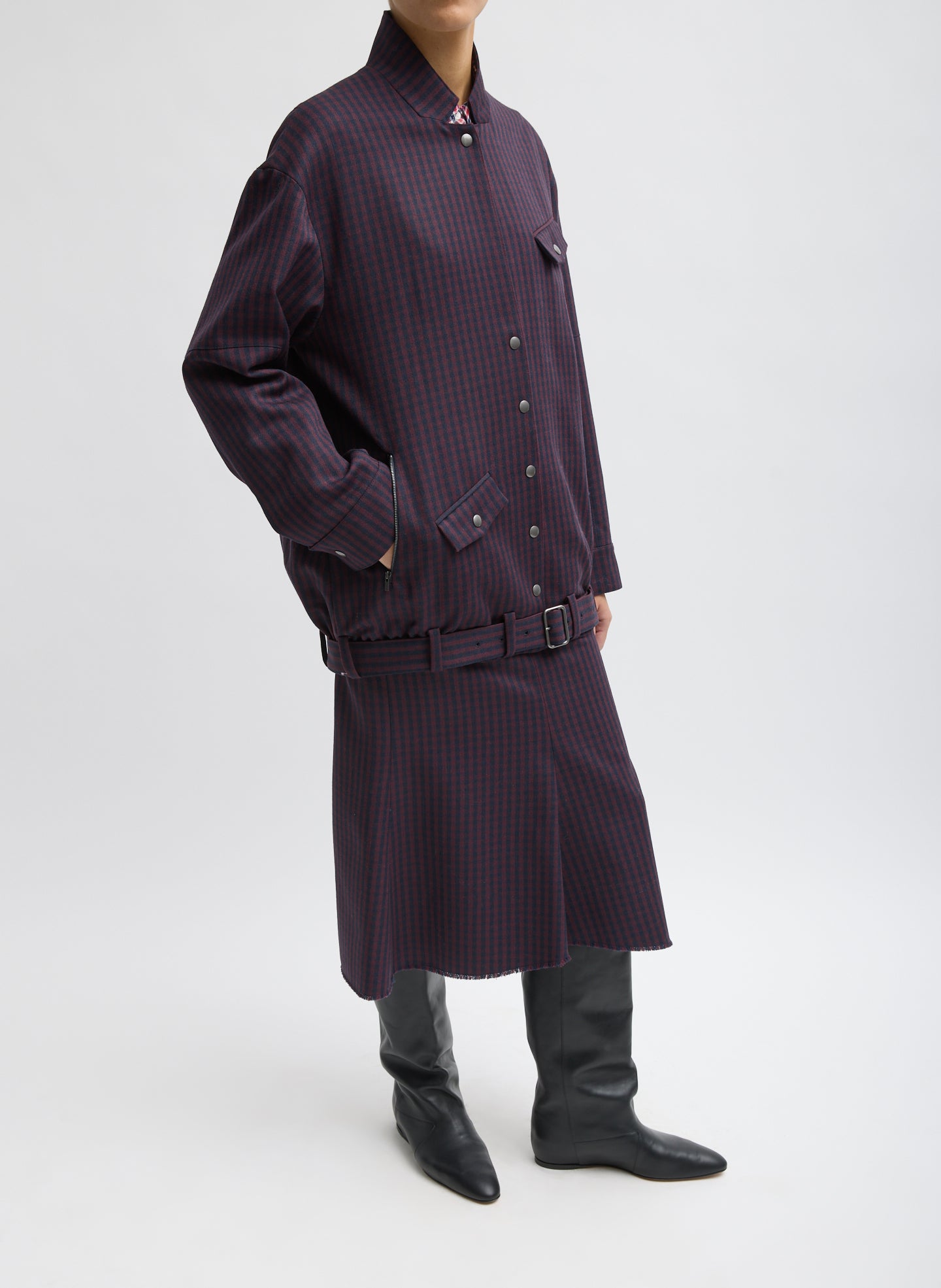 Wine Navy Multi Jules Wool Gingham Long Belted Bomber - full look, side view on model