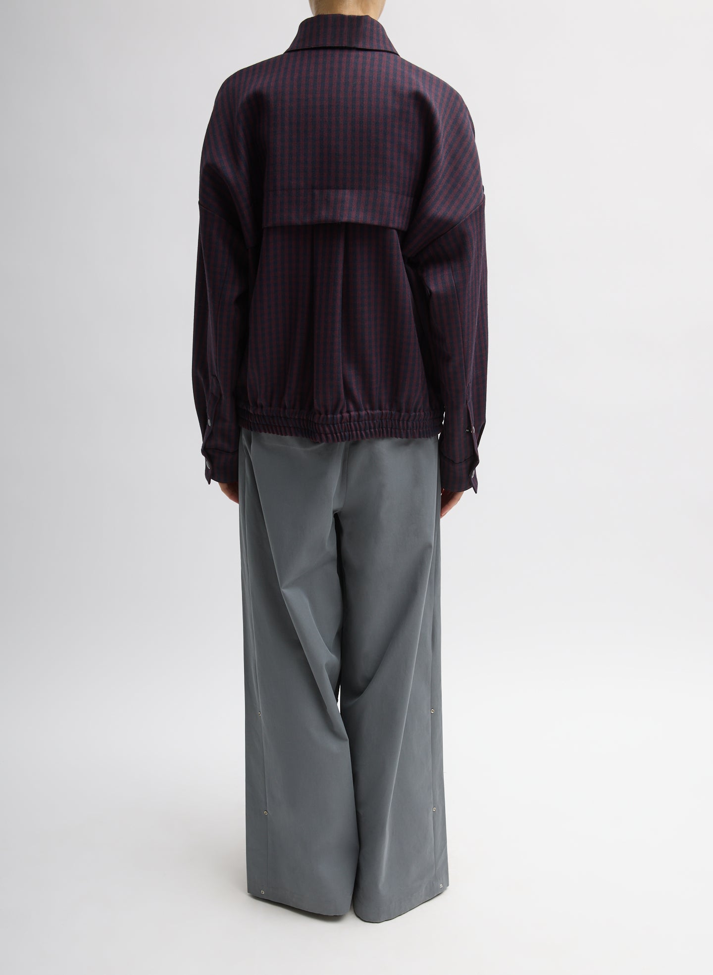 Wine Navy Multi Jules Wool Gingham Bomber Jacket - full look, back view on model