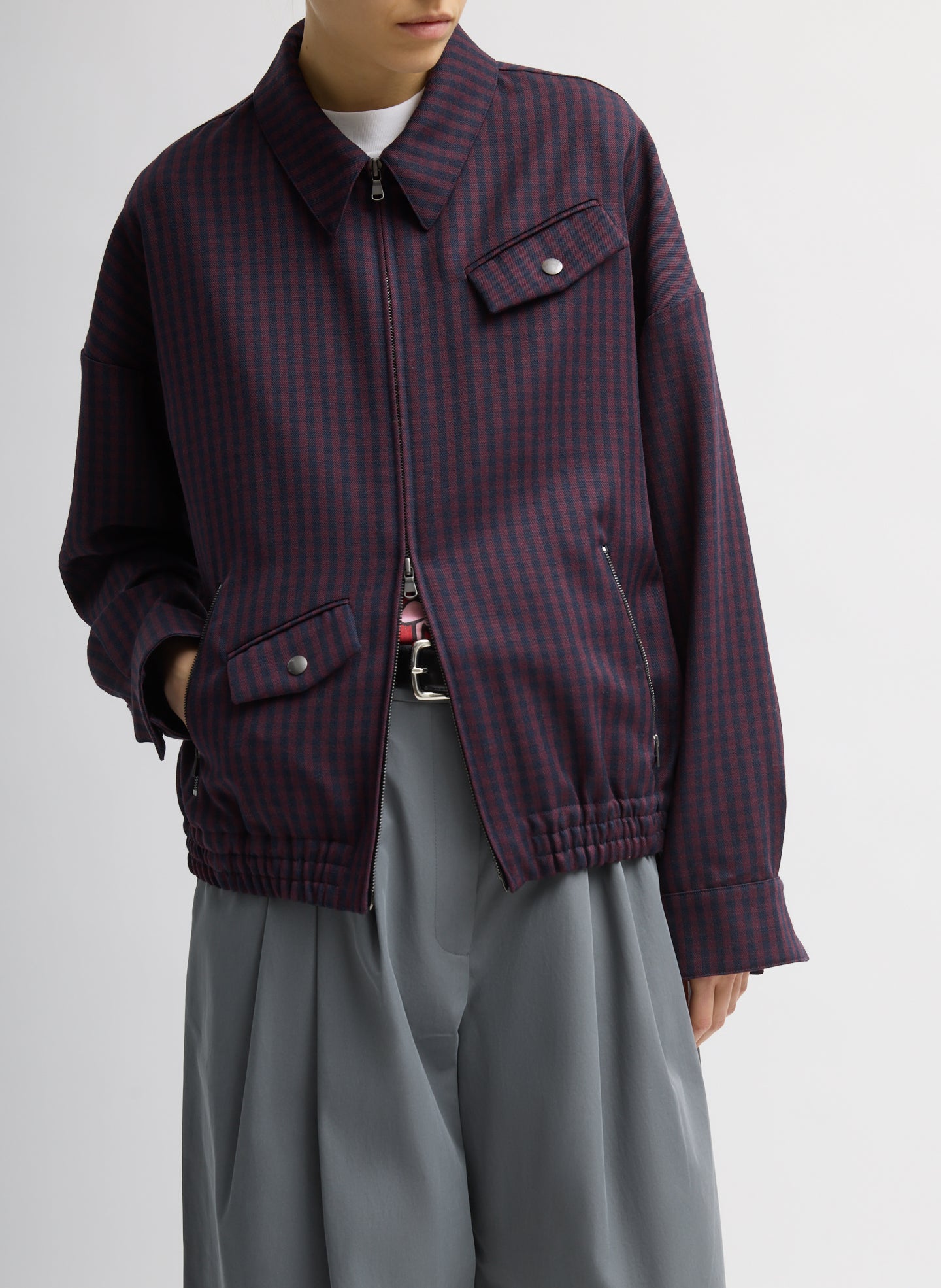Wine Navy Multi Jules Wool Gingham Bomber Jacket - front view on model