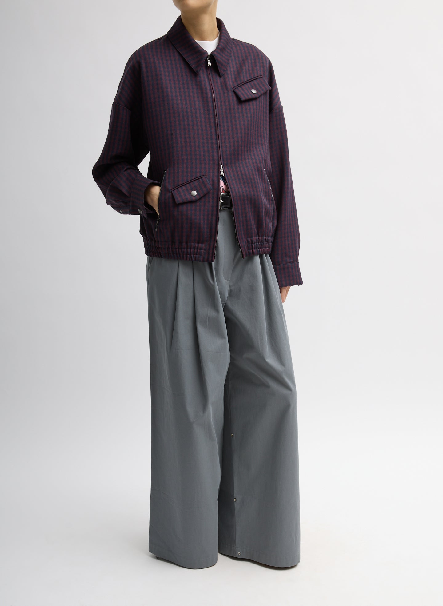 Wine Navy Multi Jules Wool Gingham Bomber Jacket - full look, front view on model