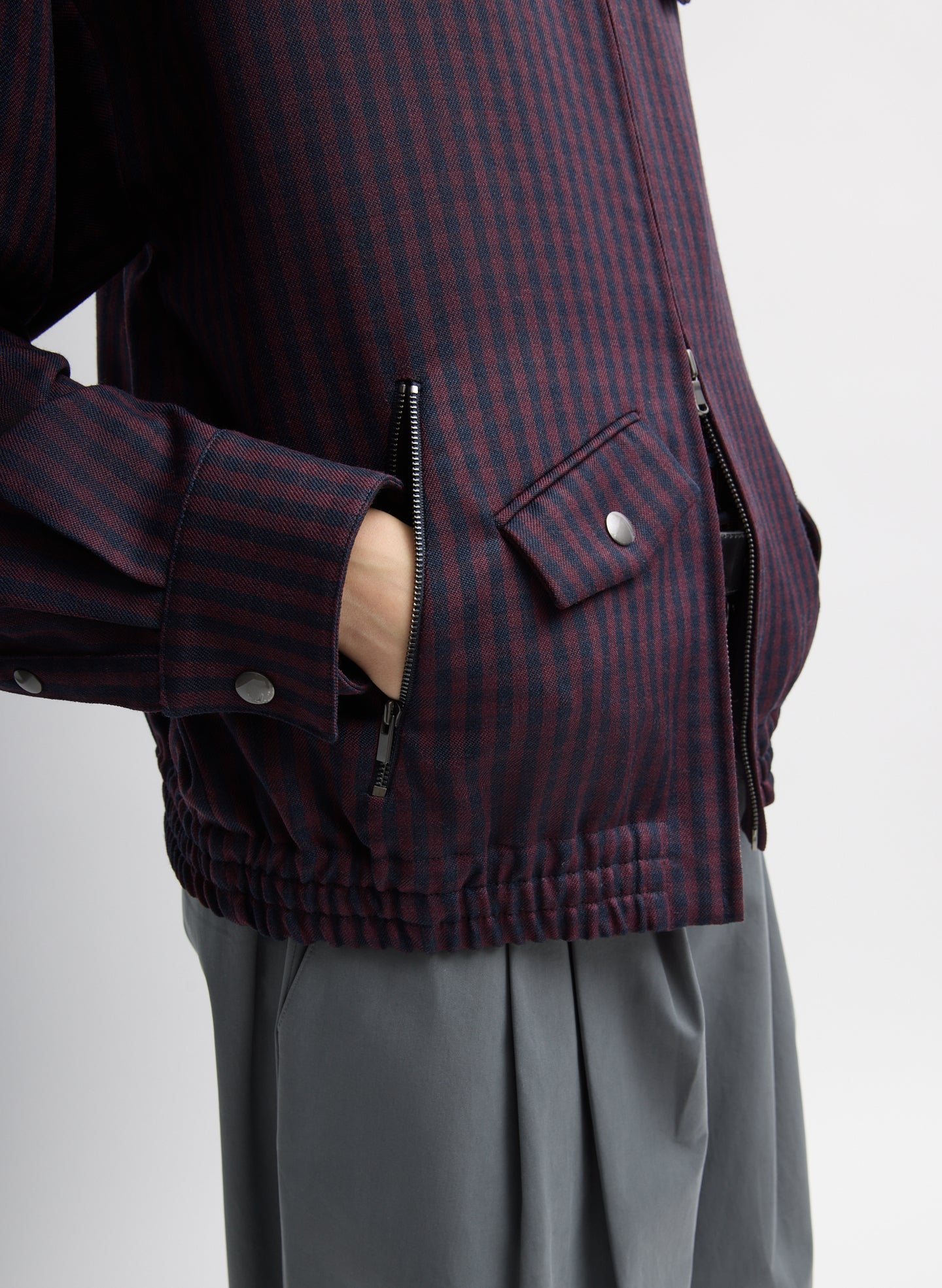 Wine Navy Multi Jules Wool Gingham Bomber Jacket - closeup of front zip pocket detail