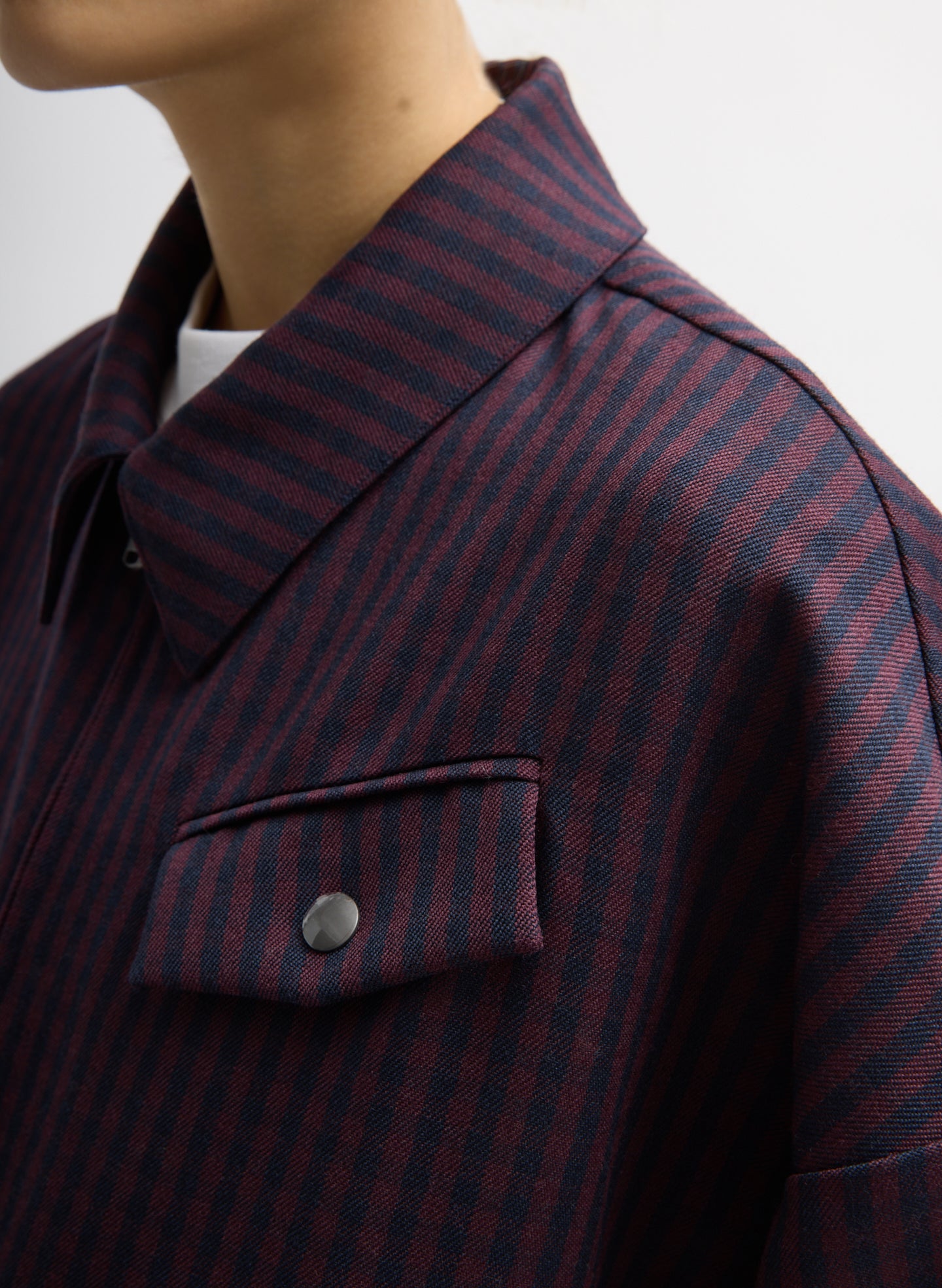 Wine Navy Multi Jules Wool Gingham Bomber Jacket - closeup of front button detail
