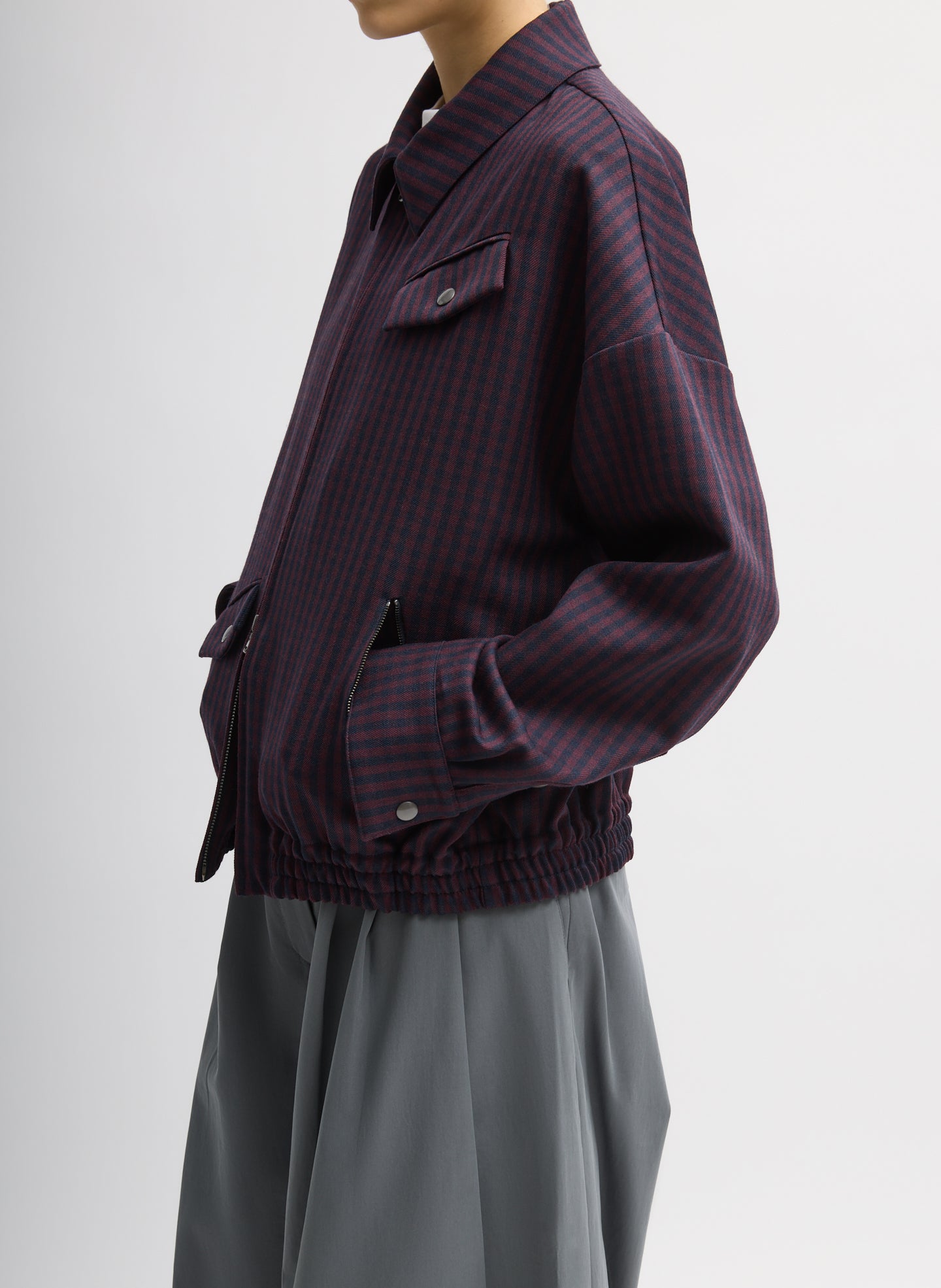 Wine Navy Multi Jules Wool Gingham Bomber Jacket - side view on model