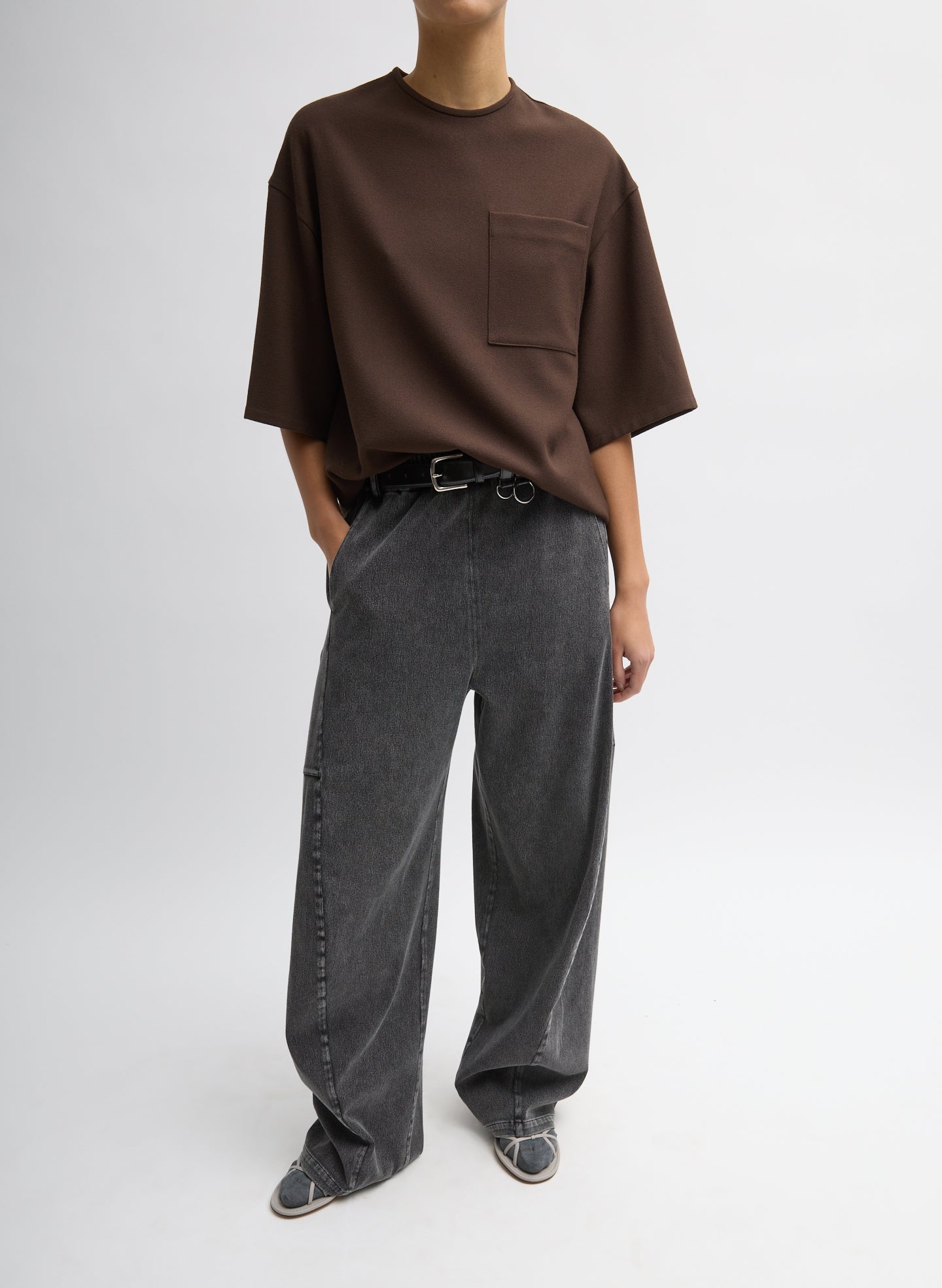 Black Stretch Denim Knit Winslow Pant - full look, front view on model