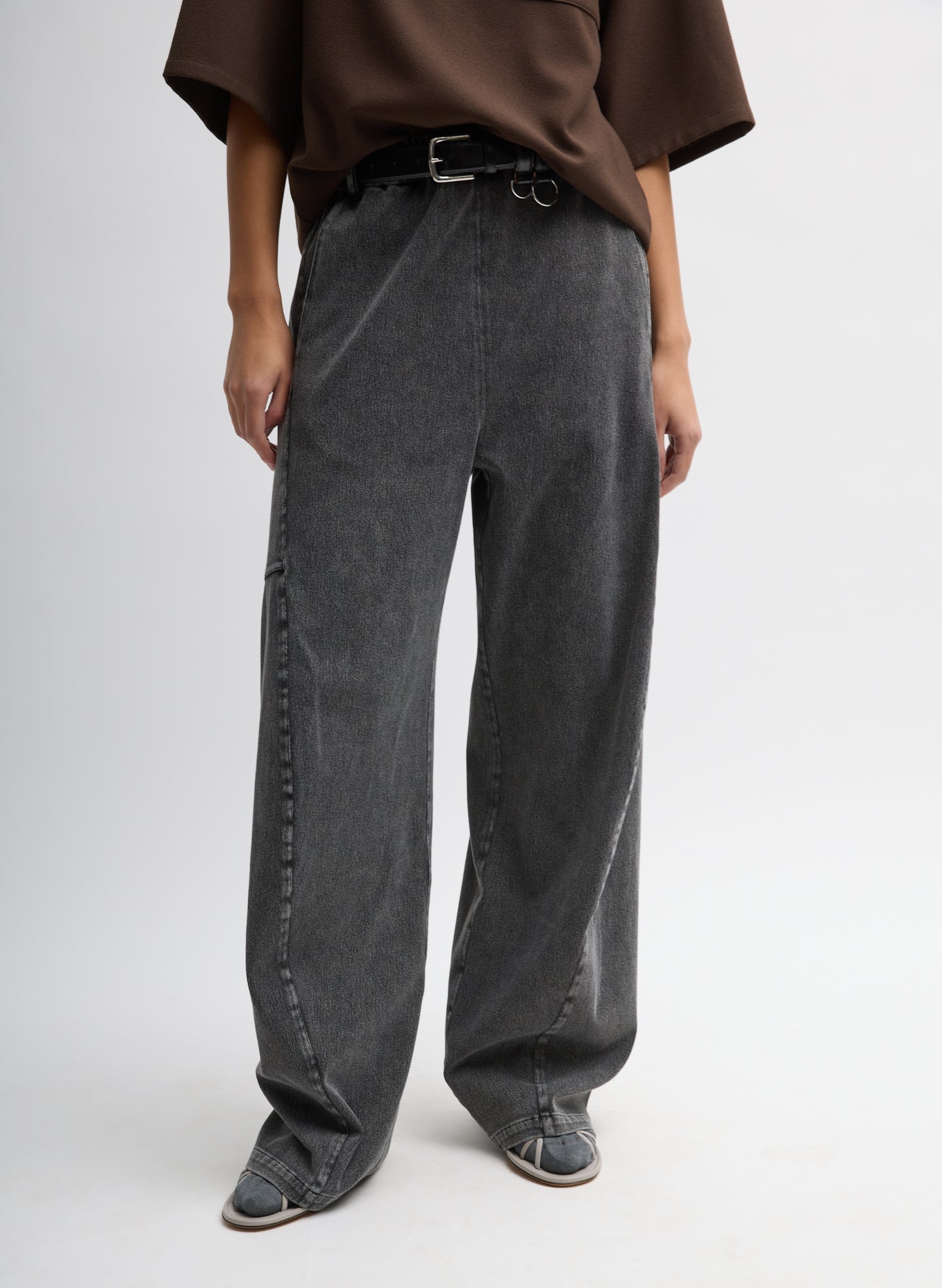 Black Stretch Denim Knit Winslow Pant - relaxed fit, front view on model