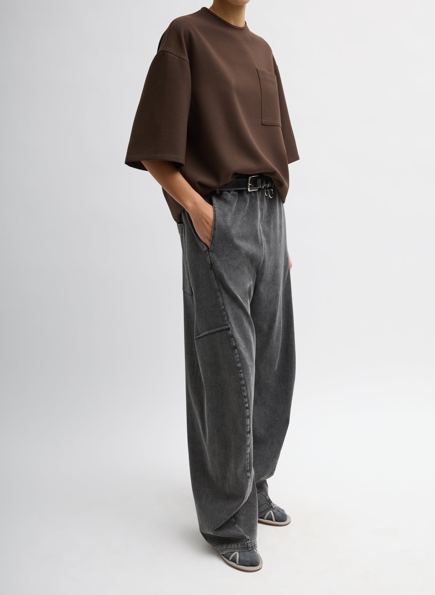Black Stretch Denim Knit Winslow Pant - full look, side view on model