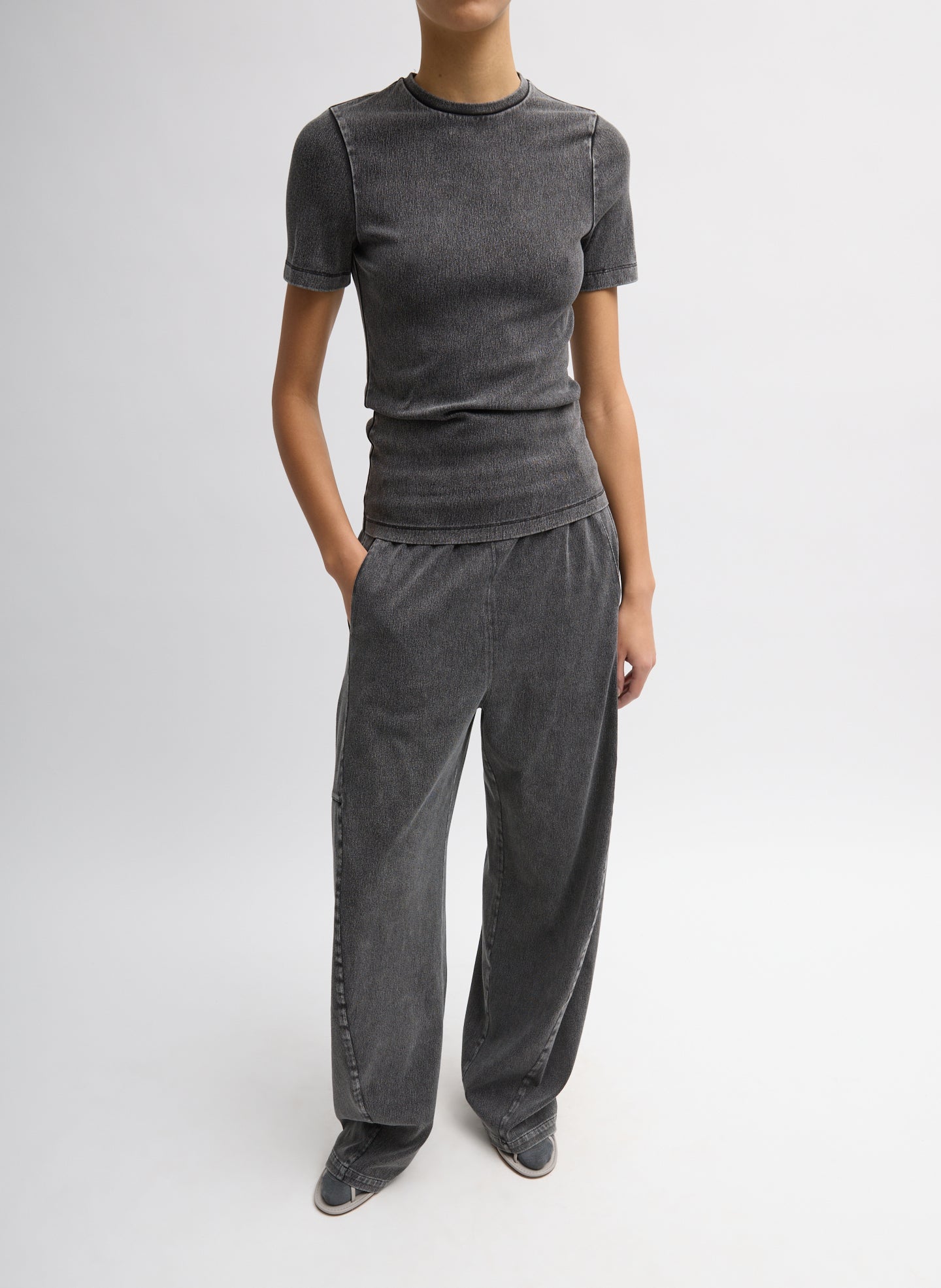 Black Stretch Denim Baby T-Shirt -full look, front view on model