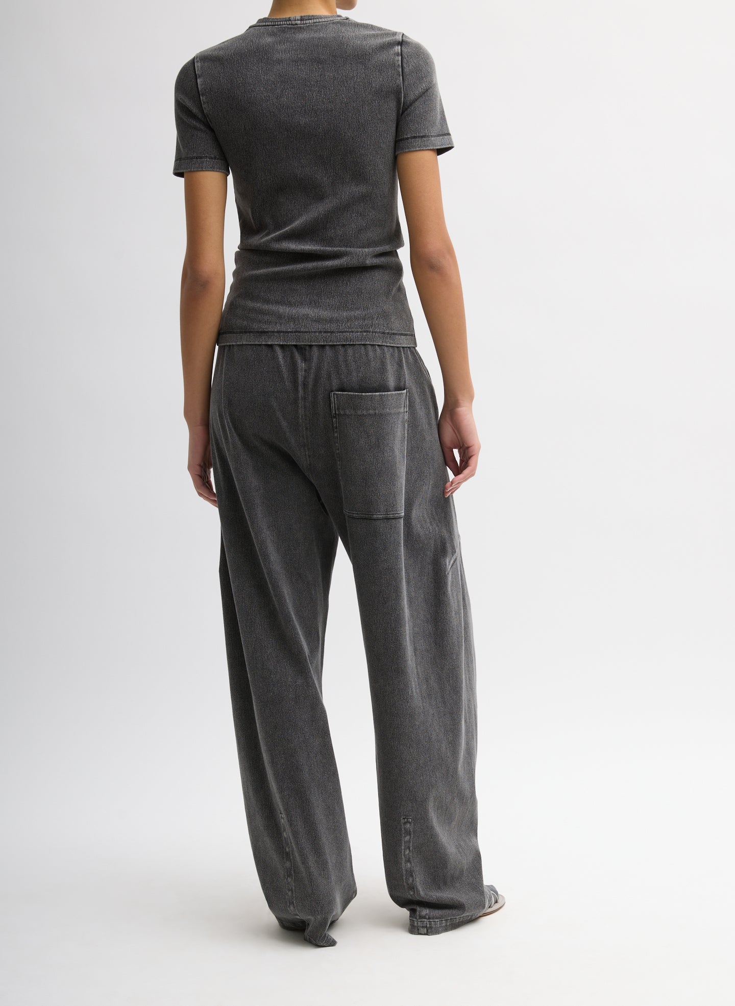 Black Stretch Denim Baby T-Shirt - full look, back view on model