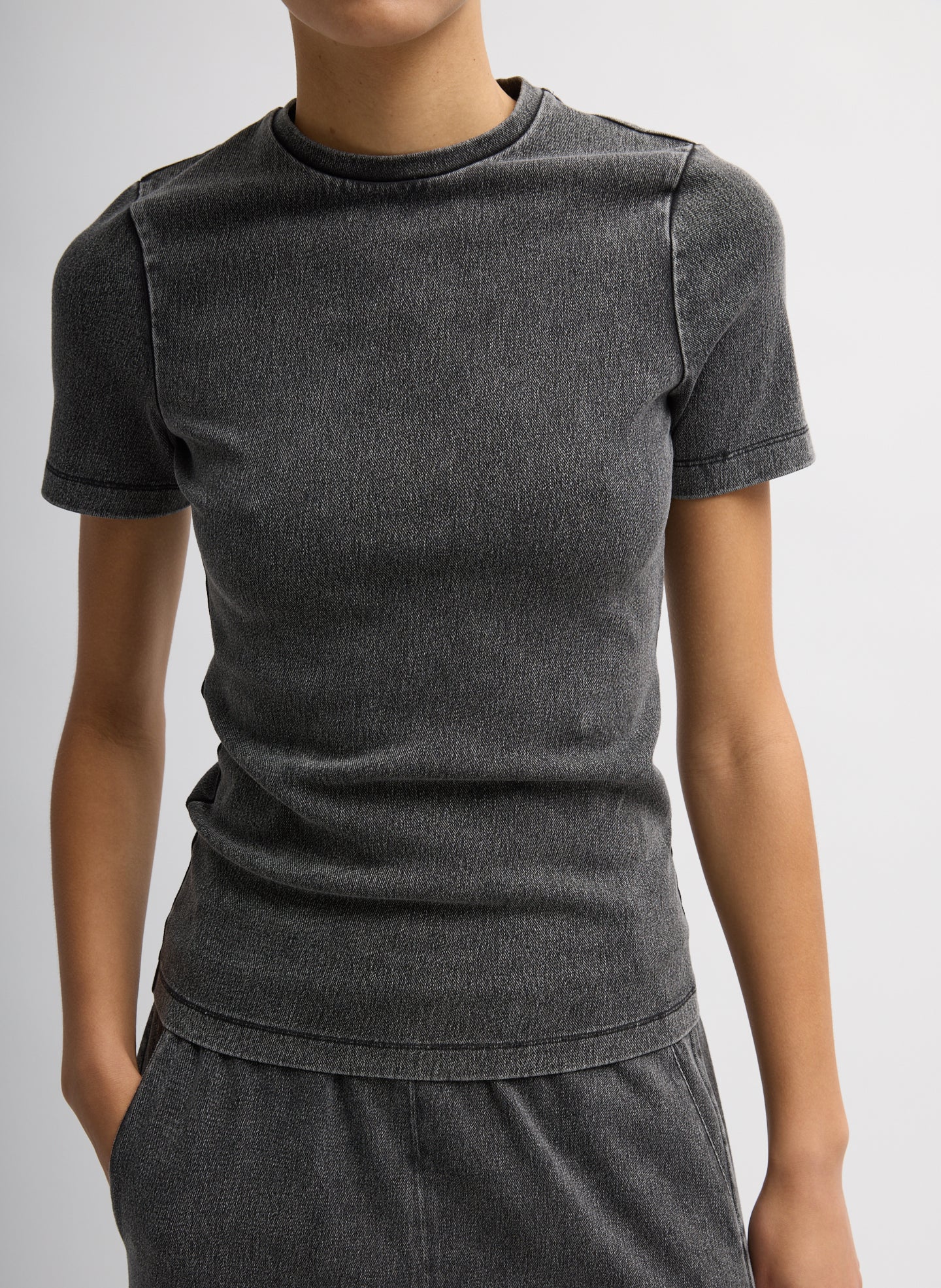 Black Stretch Denim Baby T-Shirt - front view on model