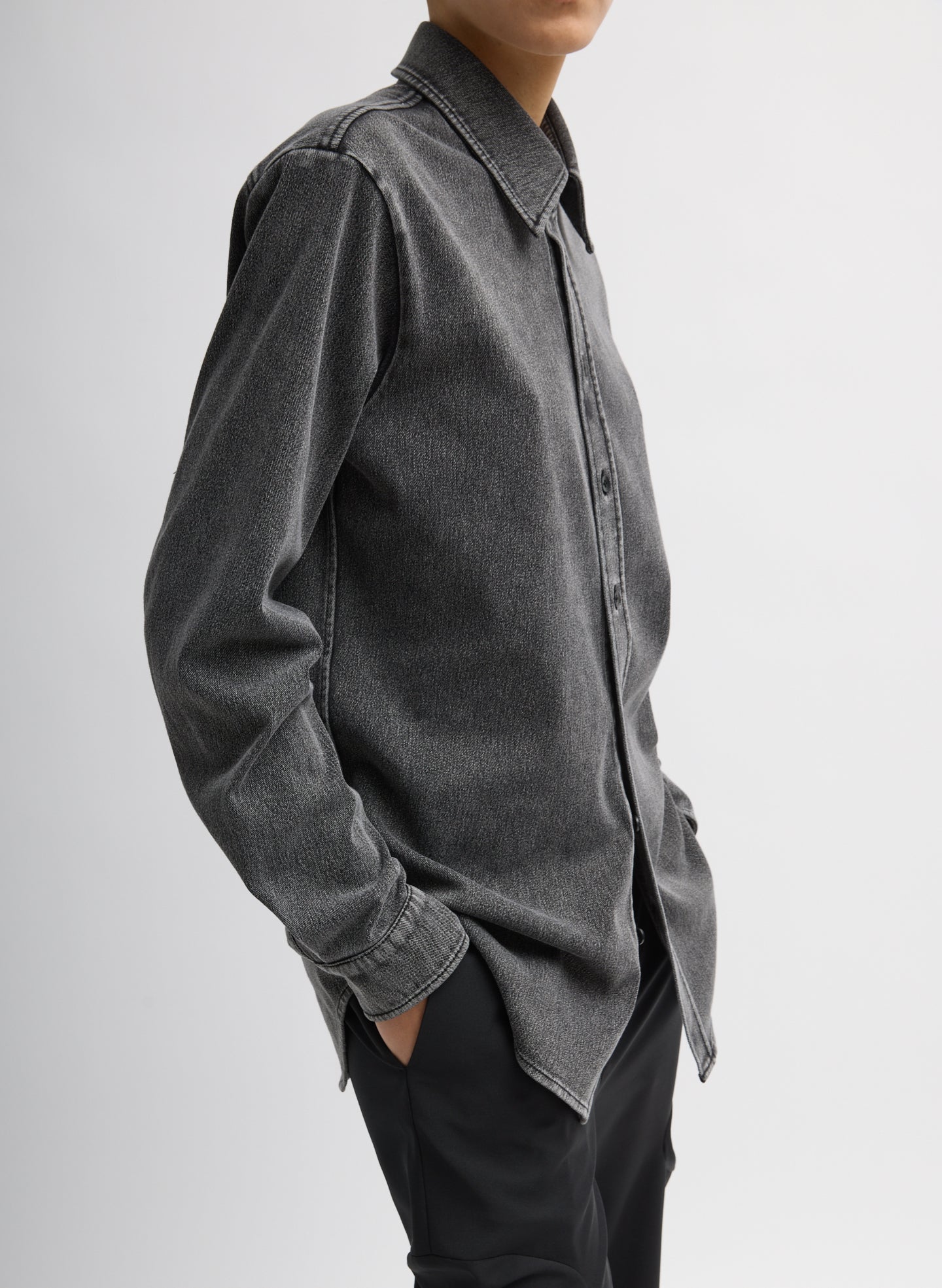 Black Stretch Denim Easy Shirt - side view on model