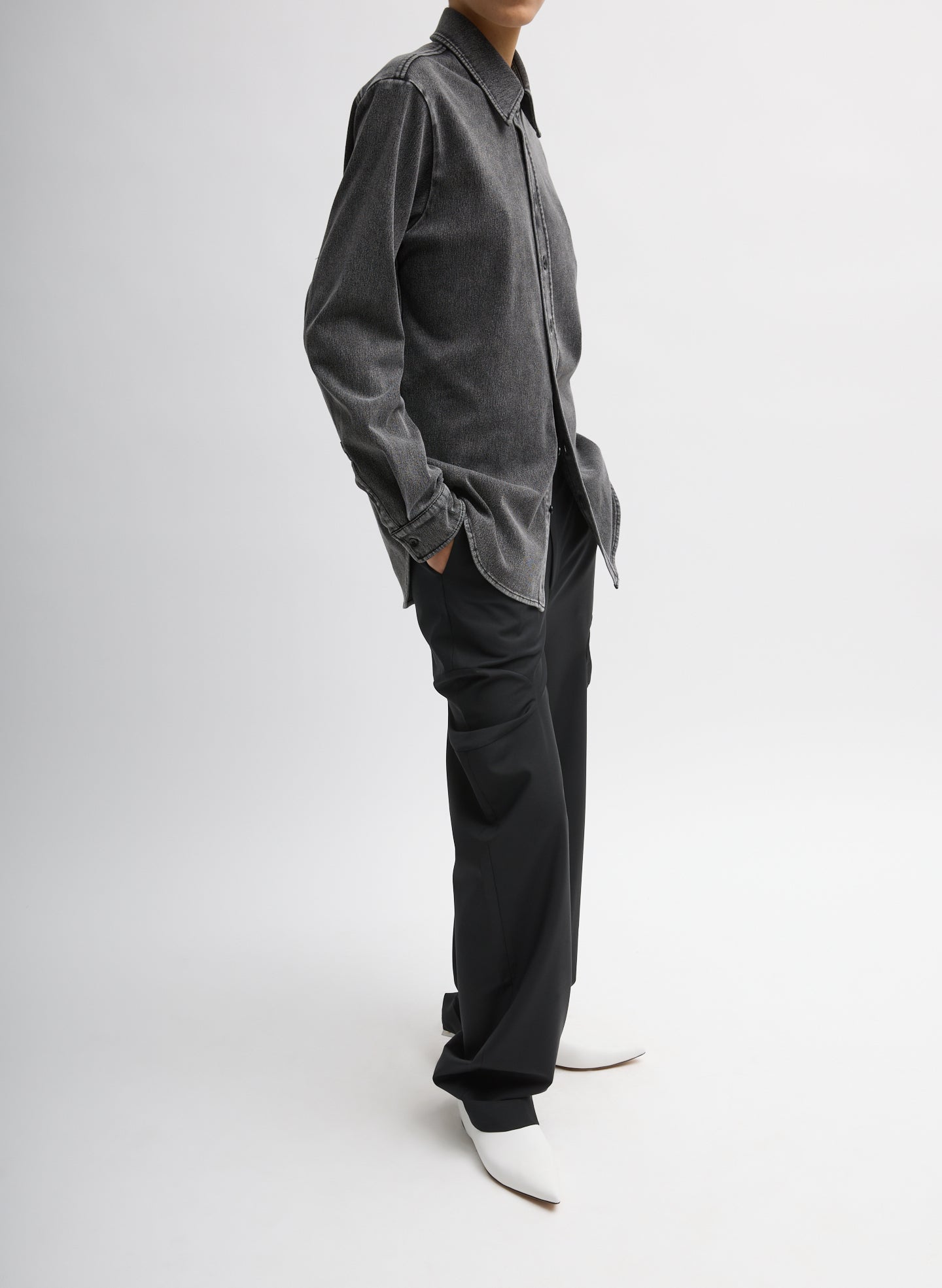 Black Stretch Denim Easy Shirt - side view on model