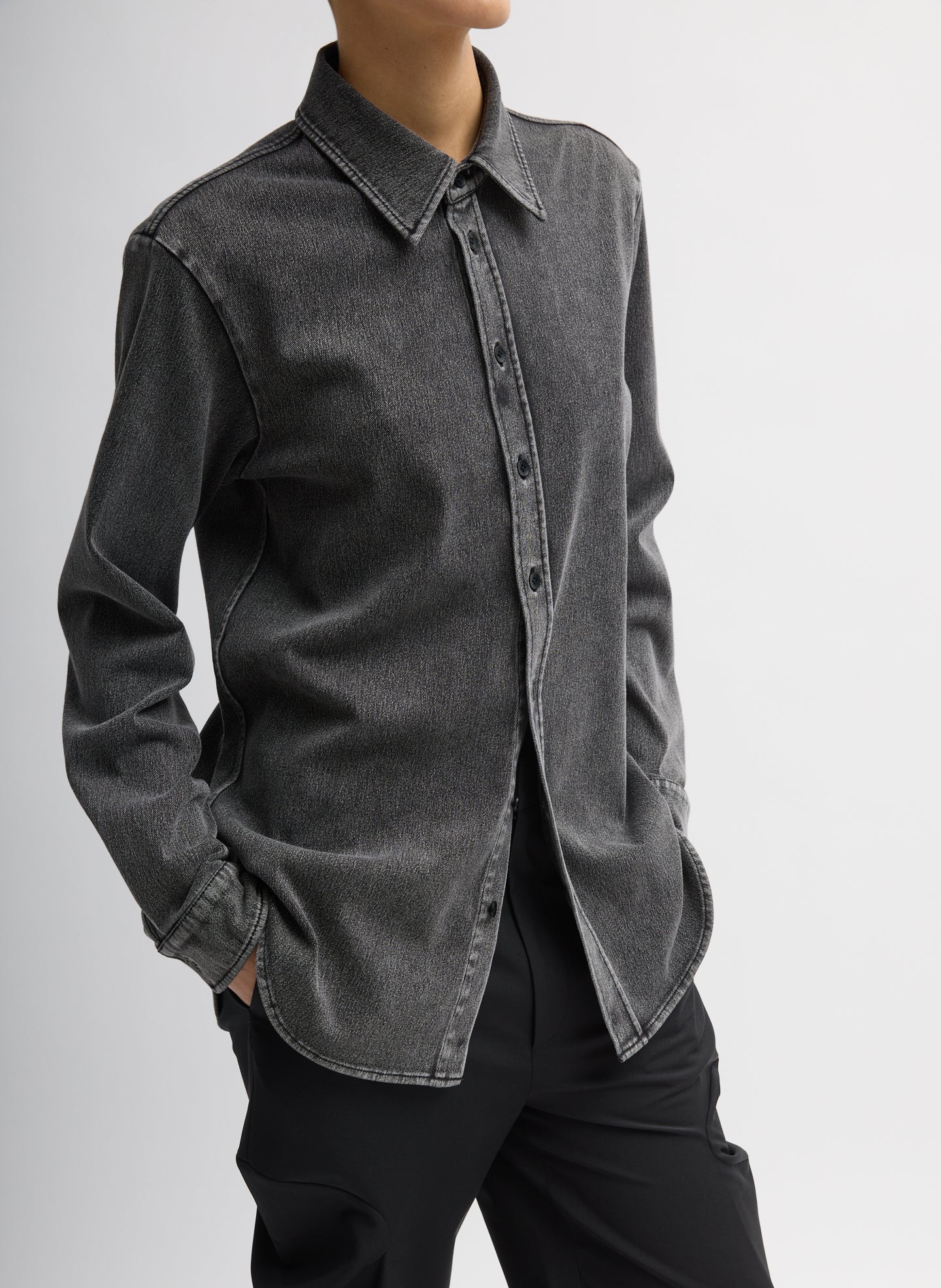 Black Stretch Denim Easy Shirt - three-quarter view on model