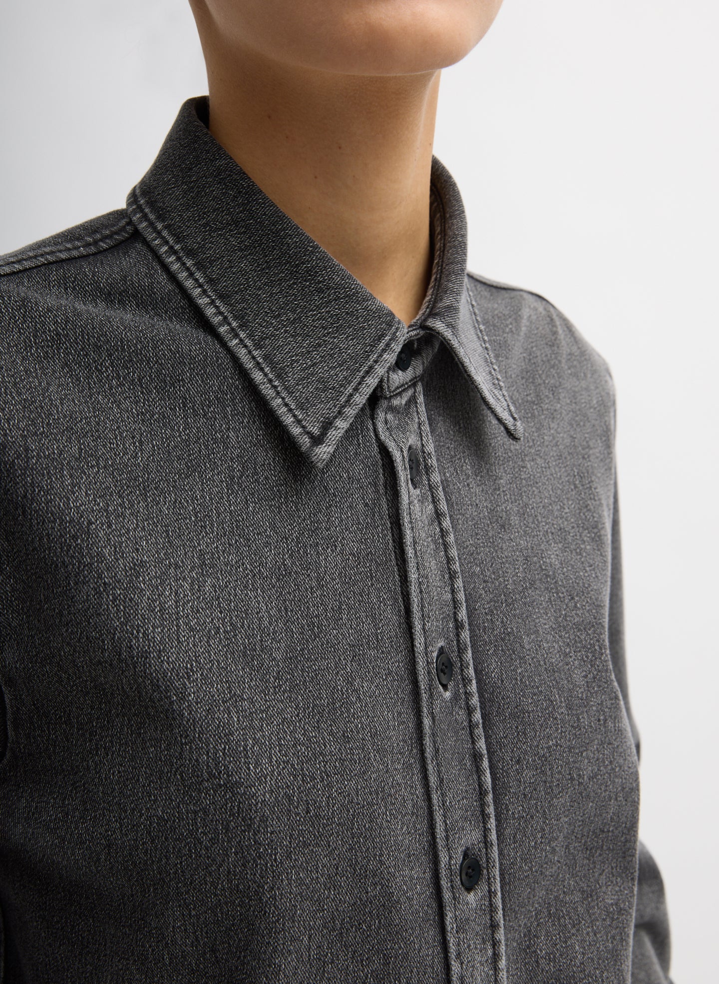 Black Stretch Denim Easy Shirt - close up of buttons and collar neckline