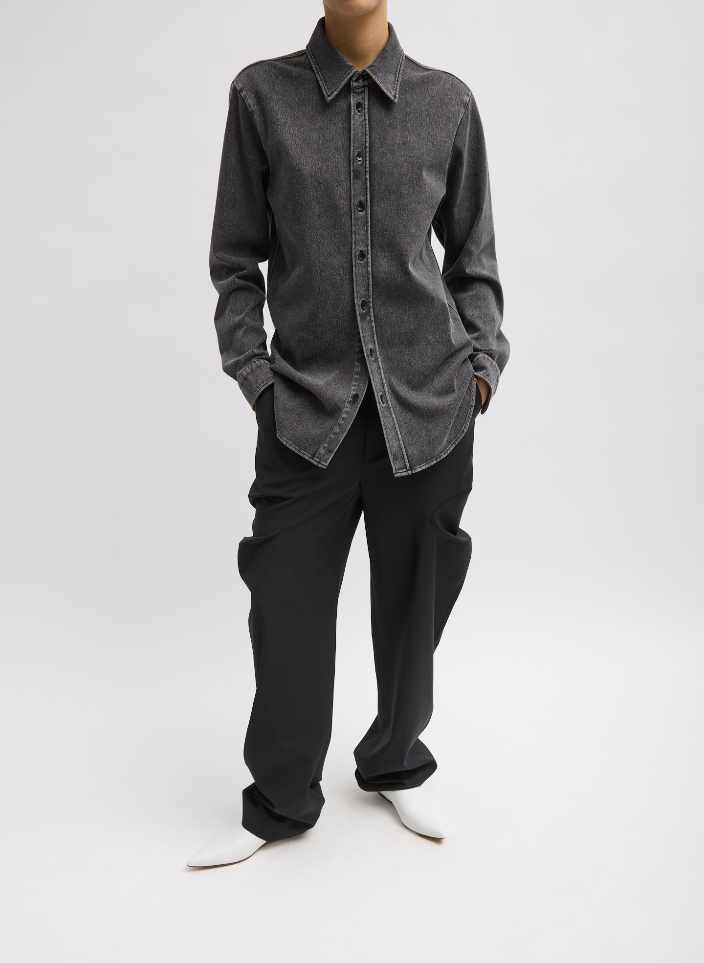 Black Stretch Denim Easy Shirt - full look, front view on model