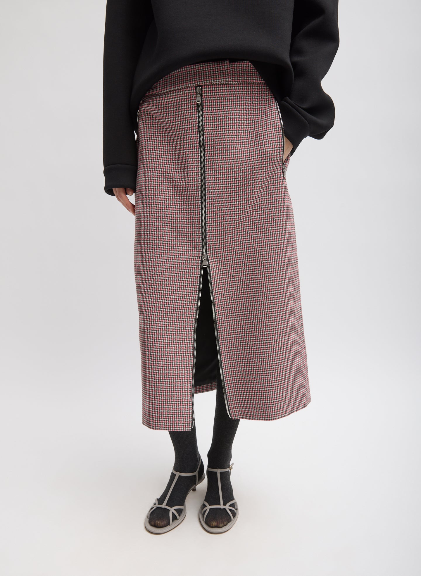 Pink Multi Leon Check Midi Trouser Zip Skirt - zip up, front view on model