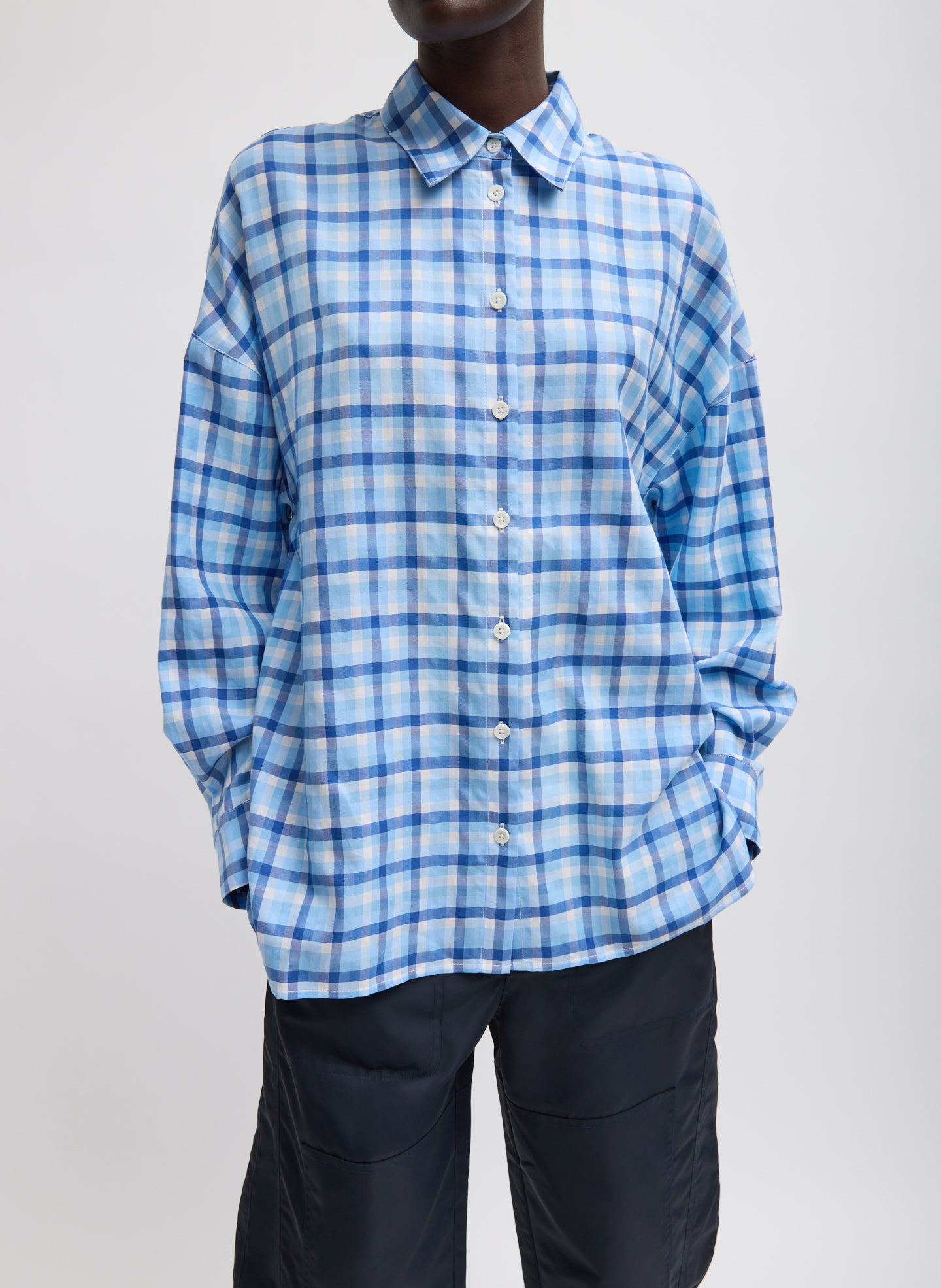 Blue Otis Check Oversized Shirt - button down, front view on model