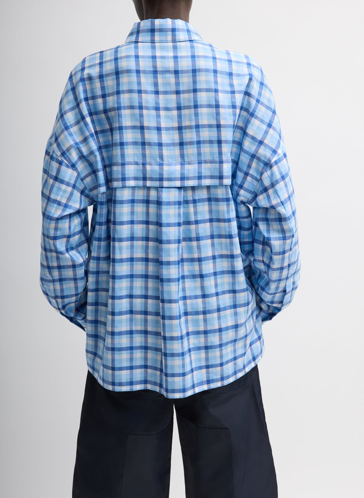 Blue Otis Check Oversized Shirt - button down, side view on model