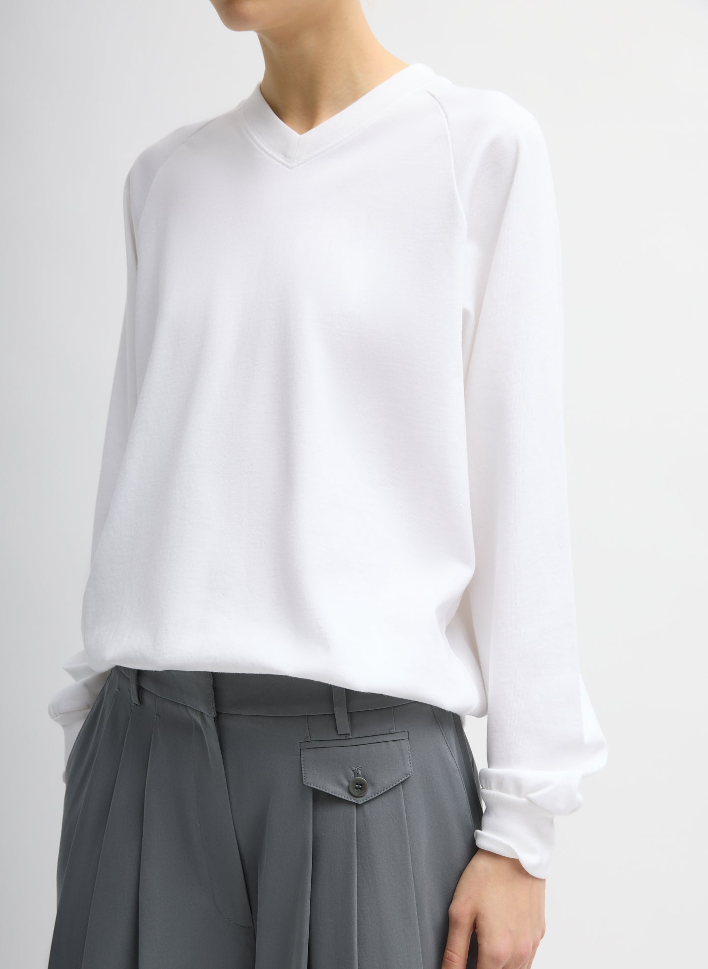 White Perfect T-Shirt Vintage Sweatshirt - v-neck, relaxed fit, three-quarter view on model