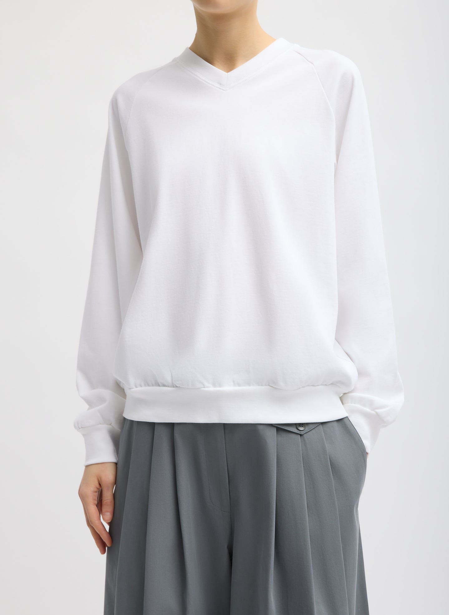 White Perfect T-Shirt Vintage Sweatshirt - v-neck, relaxed fit, front view on model