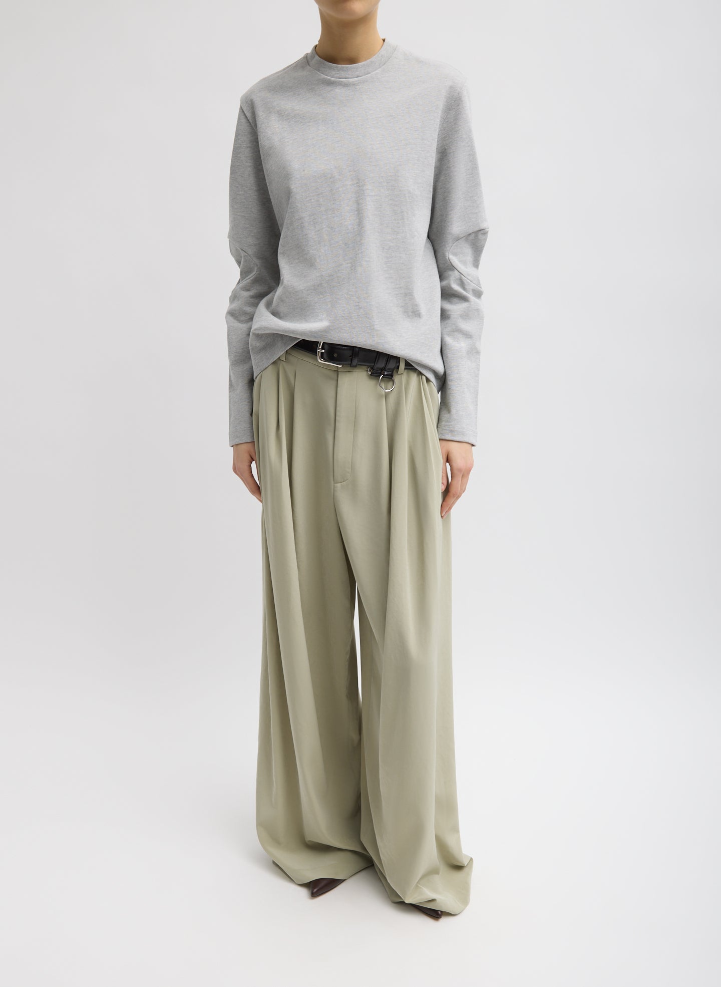 Heather Grey Perfect T-Shirt With Gusset Elbow Sleeve - full look, front view on model