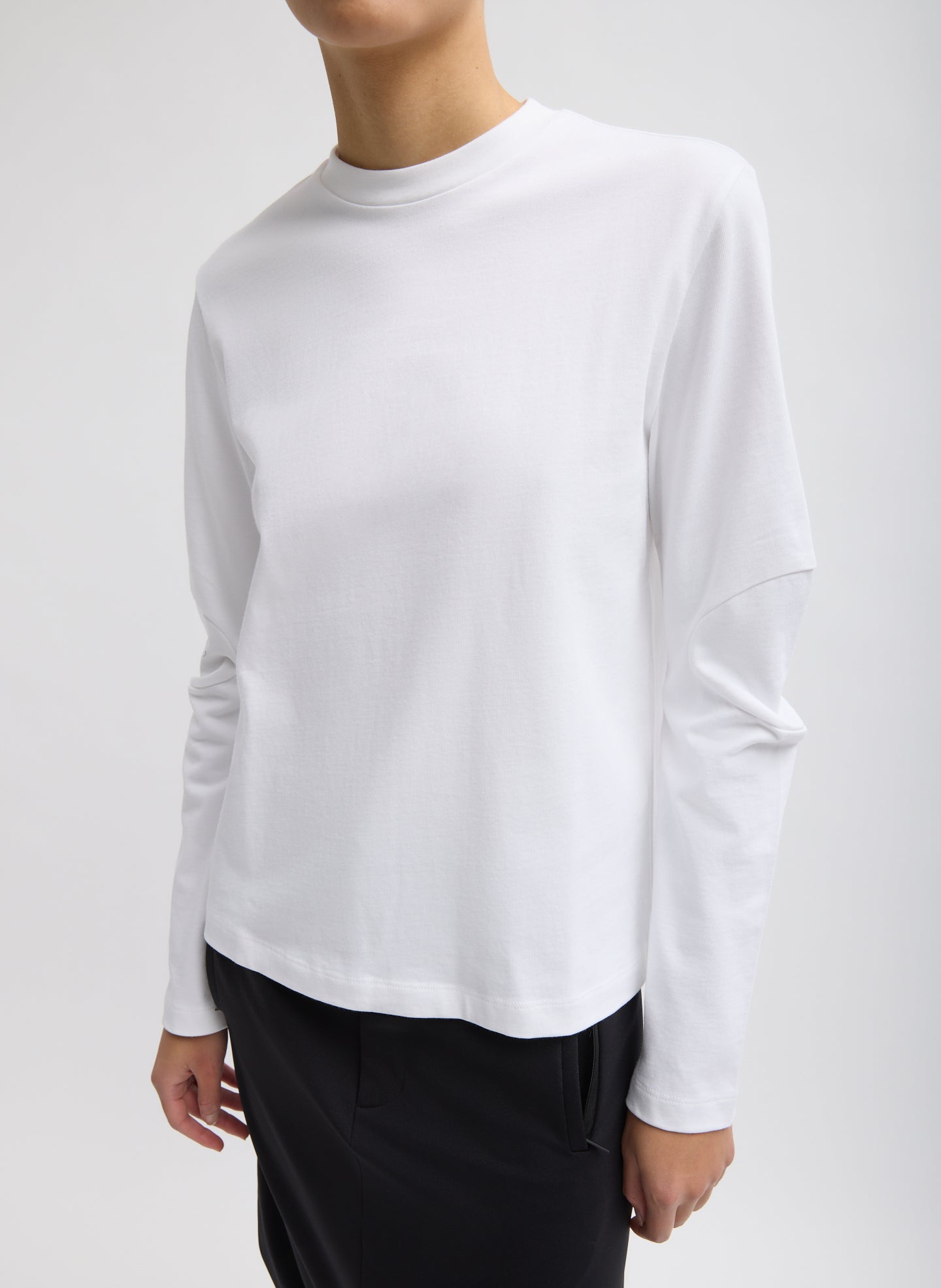 White Perfect T-Shirt With Gusset Elbow Sleeve - long sleeve, front view on model