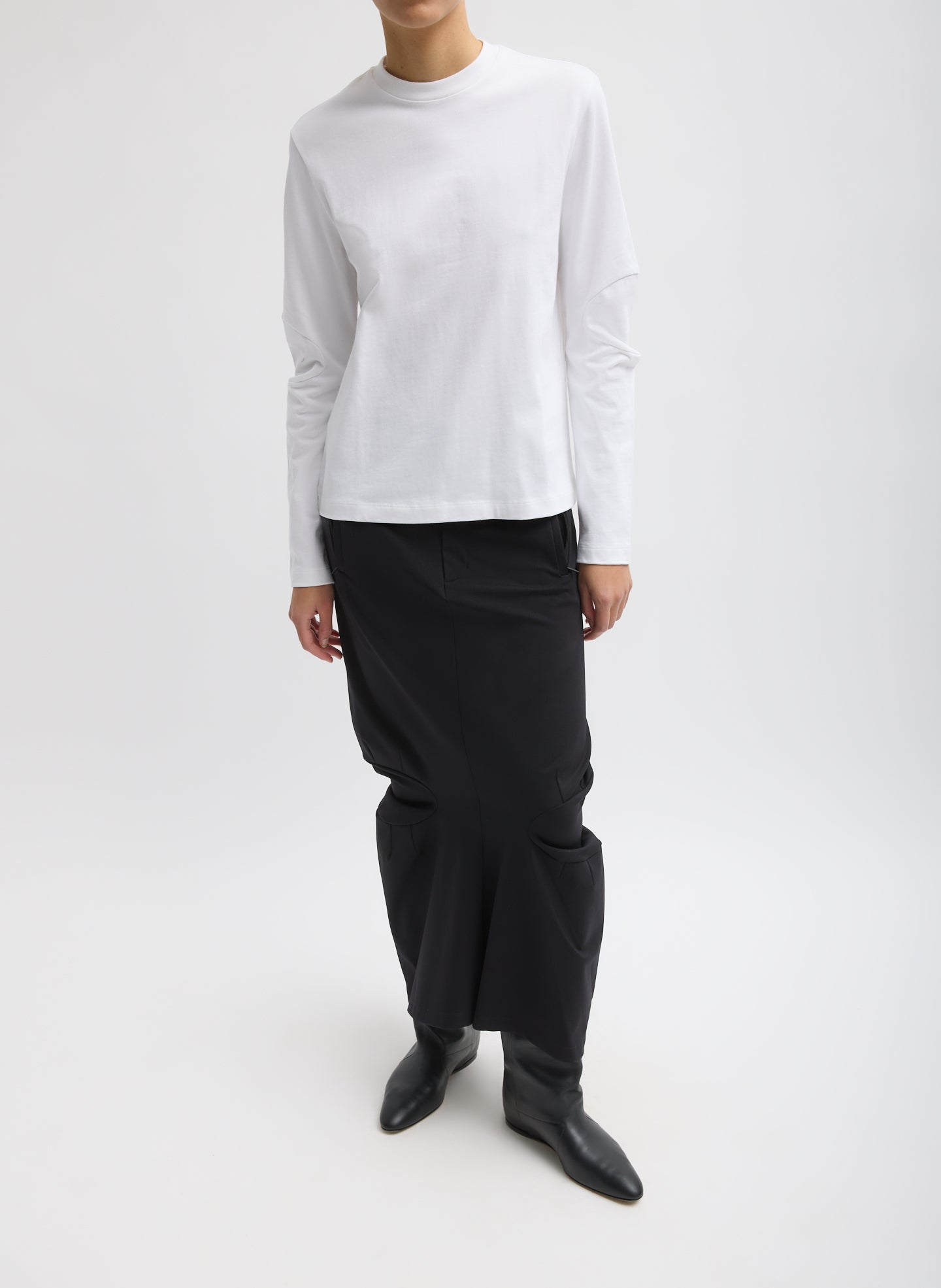 White Perfect T-Shirt With Gusset Elbow Sleeve - full look, front view on model