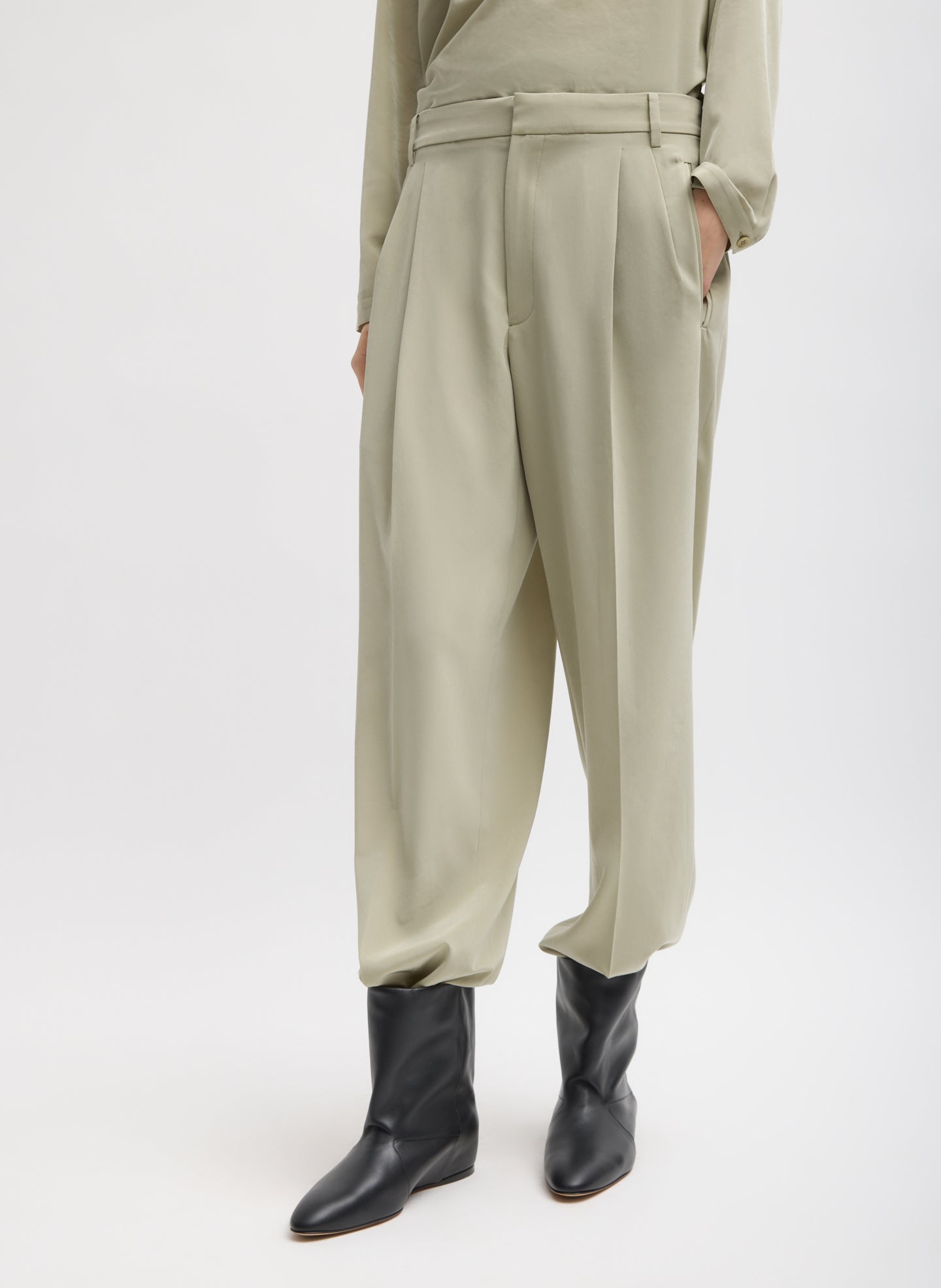 Moss Grey Relaxed Suiting Derrick Men's Trouser - styled with black Kuda Boots