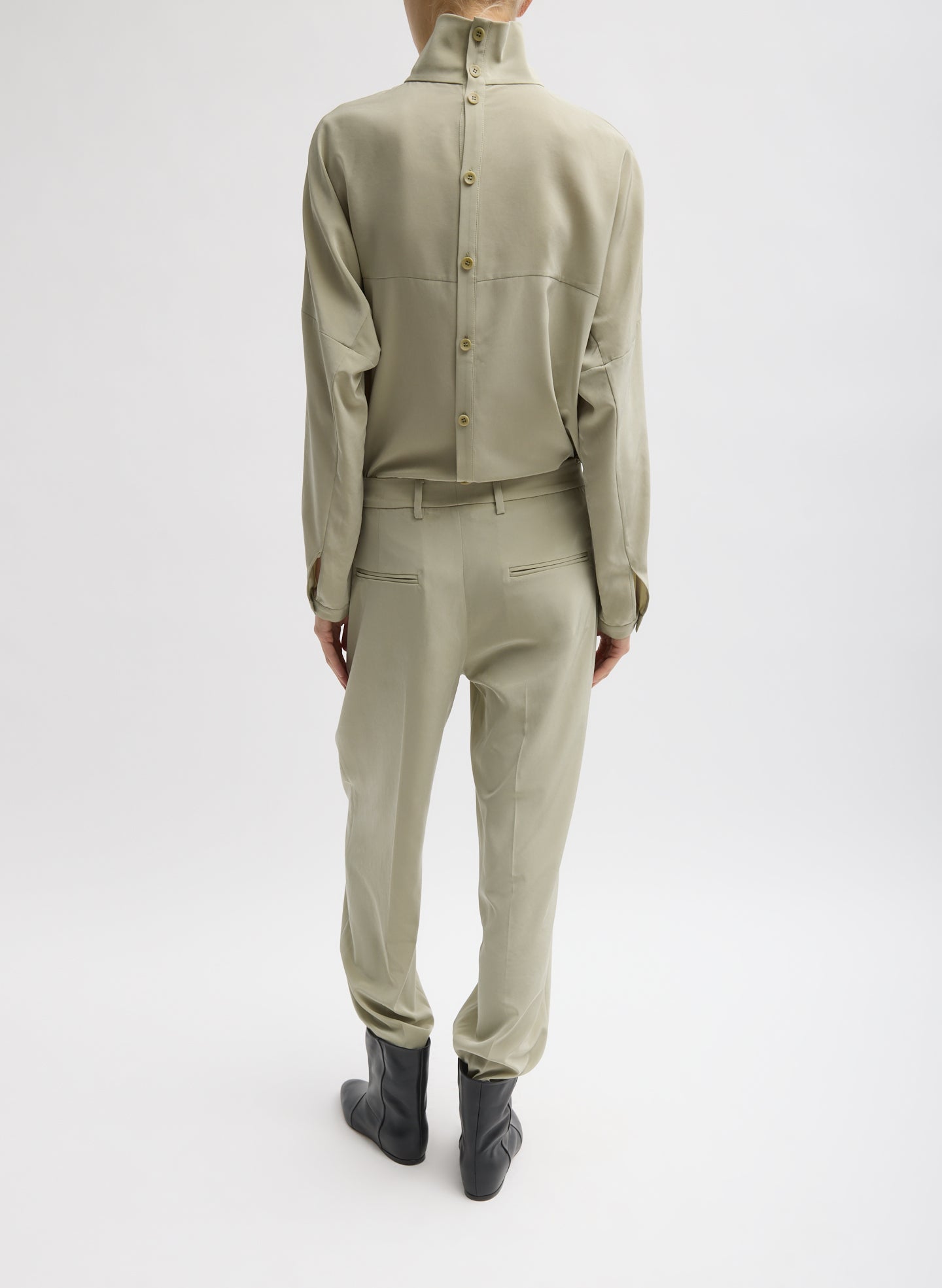 Moss Grey Relaxed Suiting Derrick Men's Trouser - pleated, back view on model