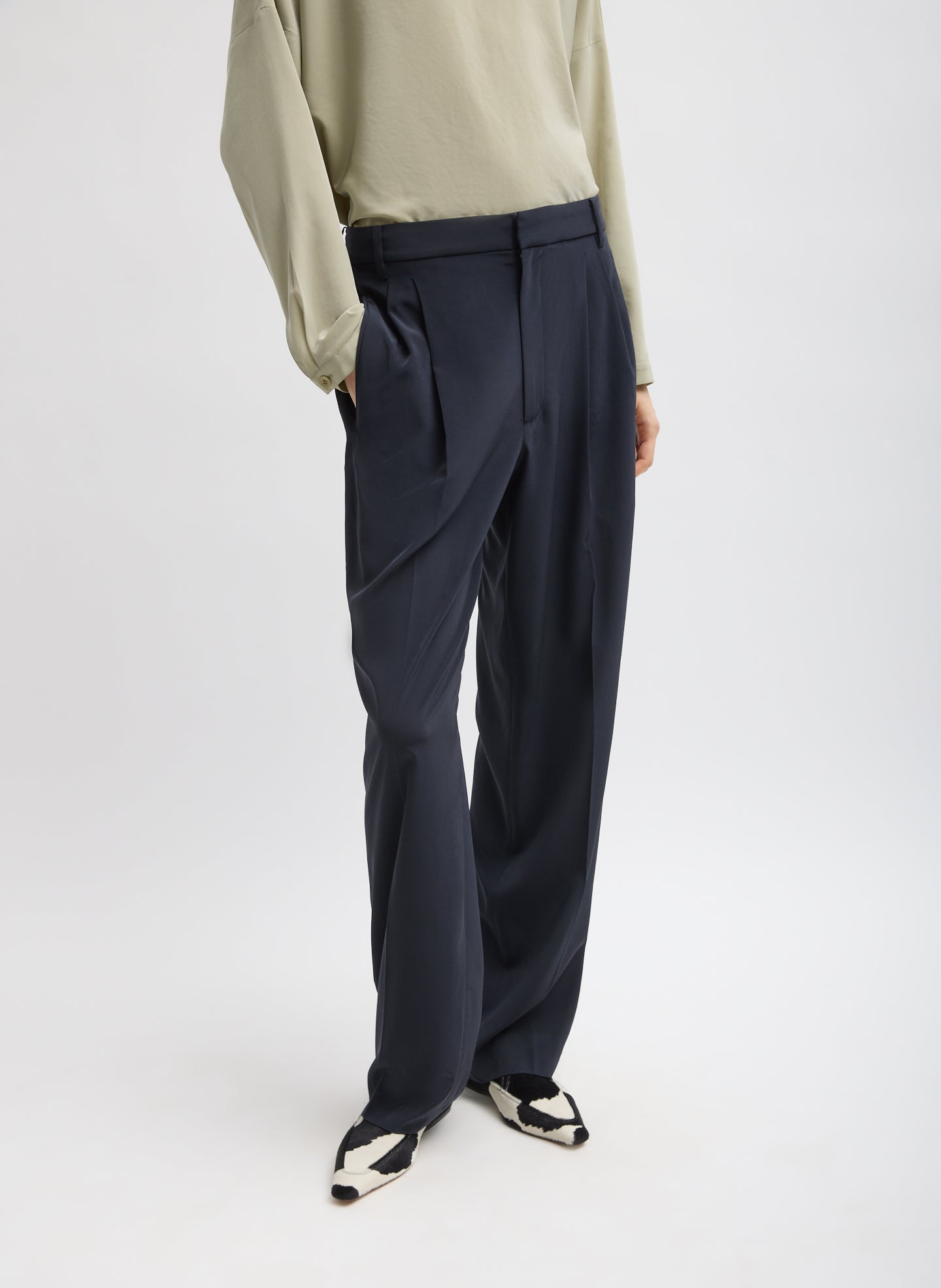 Navy Relaxed Suiting Derrick Men's Trouser - styled with cow print Somerset flats