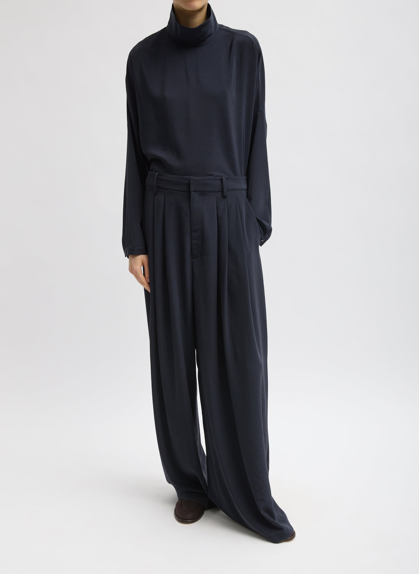 Navy Relaxed Suiting Triple Pleat Pant - pleated, wide leg front view on model