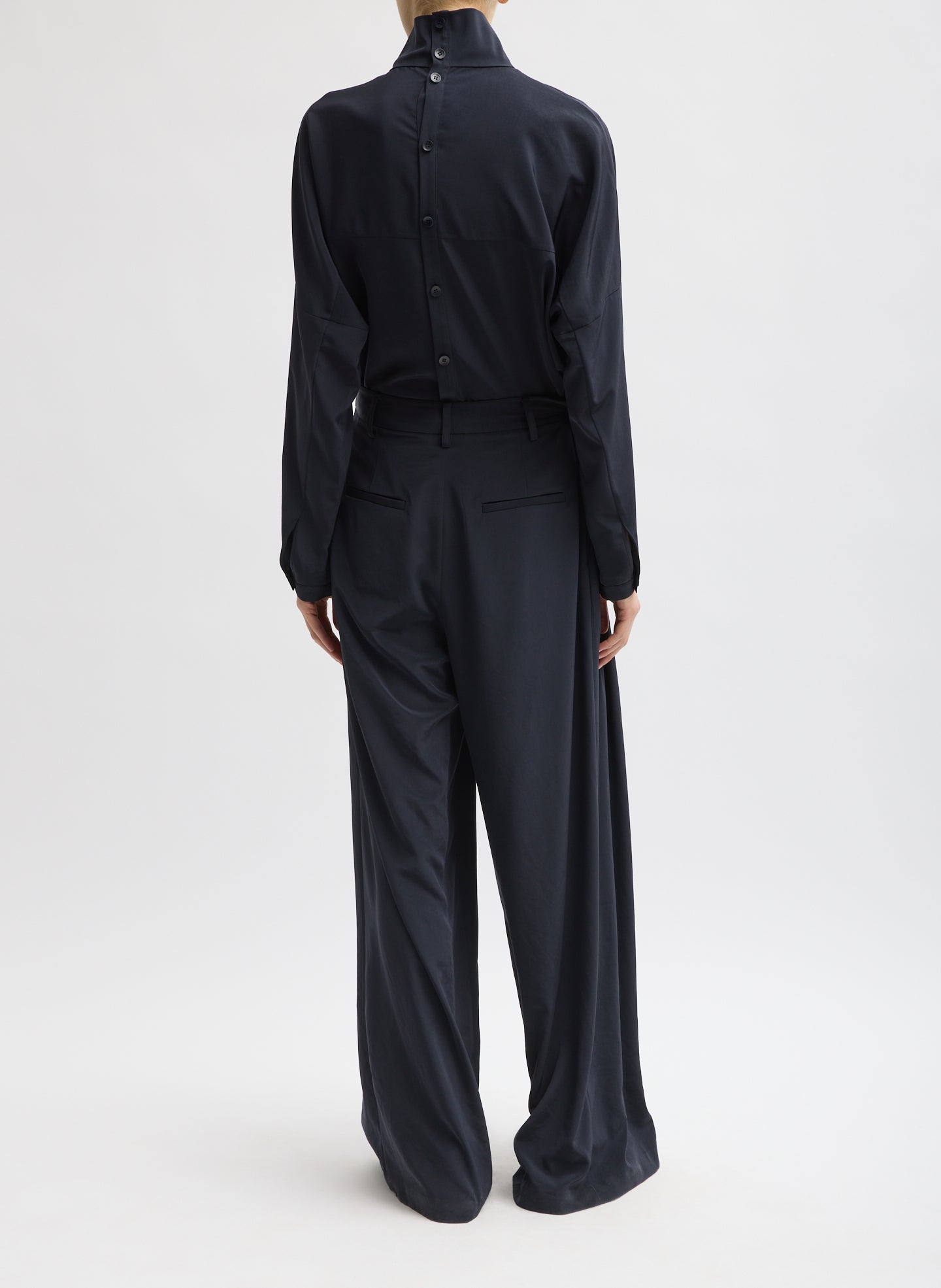 Navy Relaxed Suiting Triple Pleat Pant - pleated, wide leg back view on model