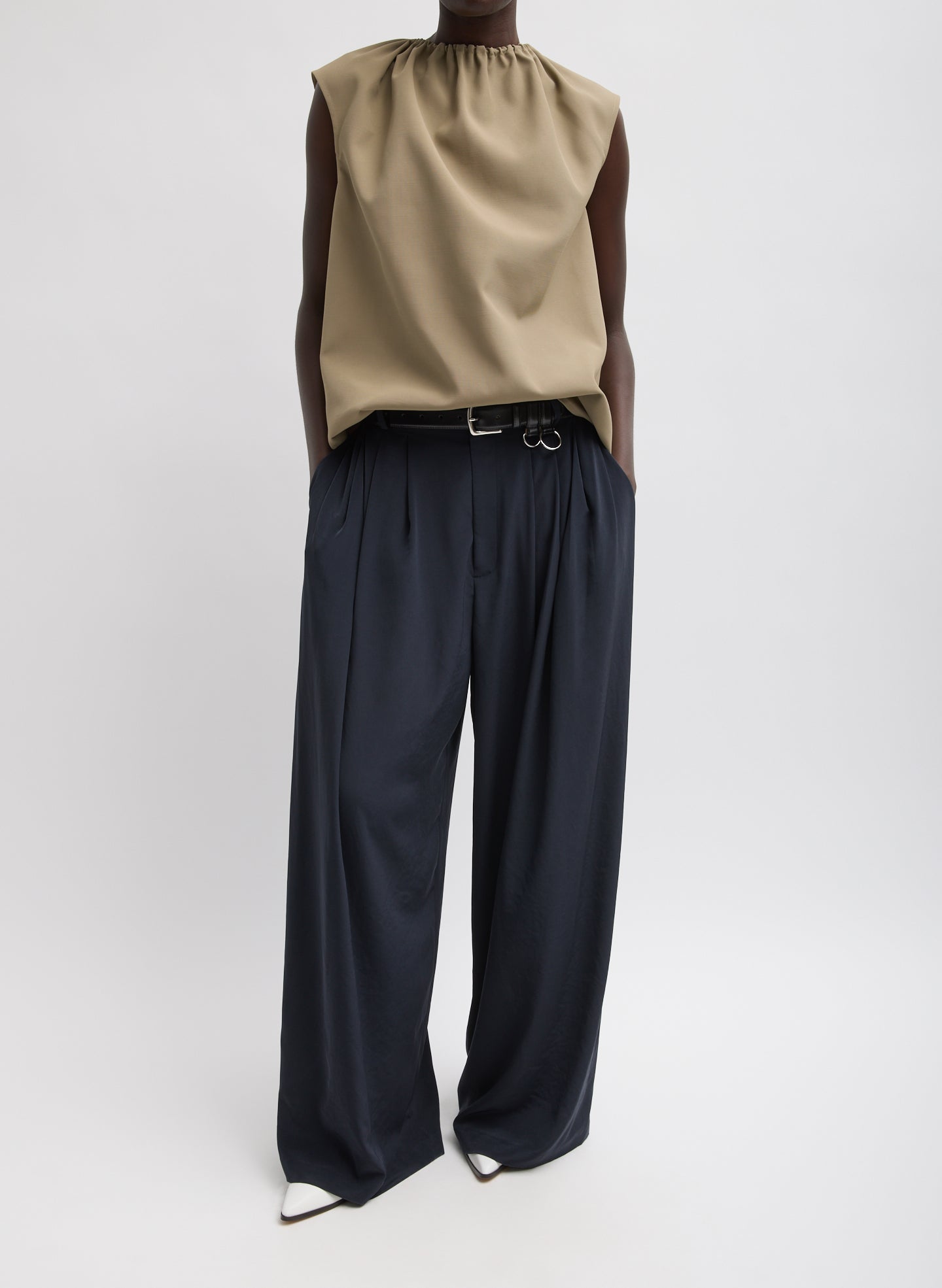 Navy Relaxed Suiting Triple Pleat Pant - full look, front view on model