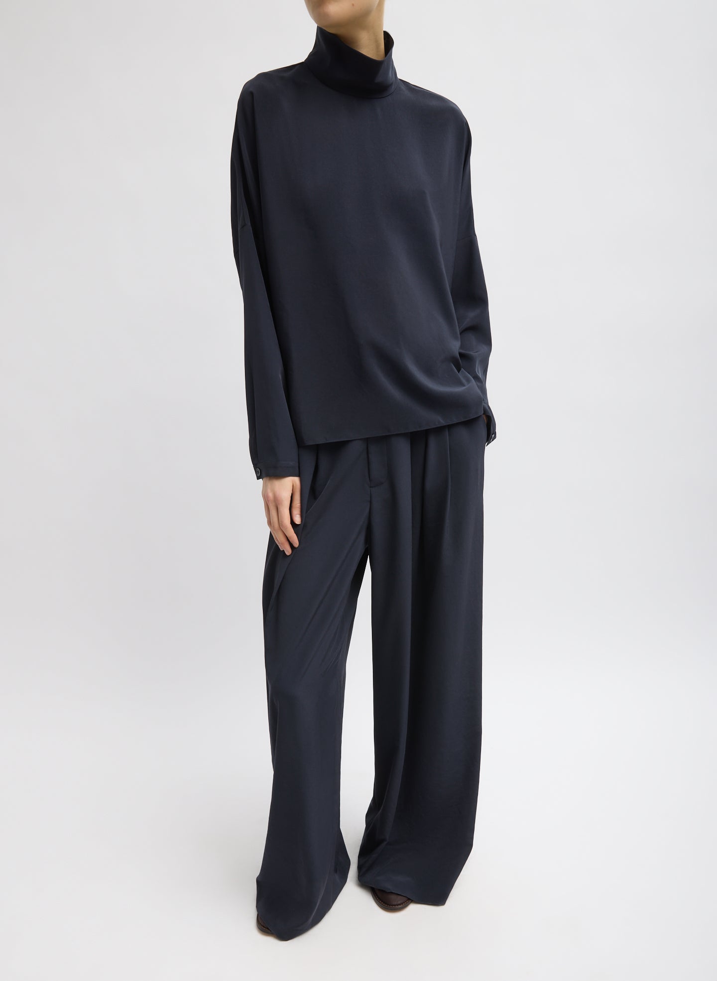 Navy Relaxed Suiting Funnel Neck Dolman Sleeve Top - full look, front view on model