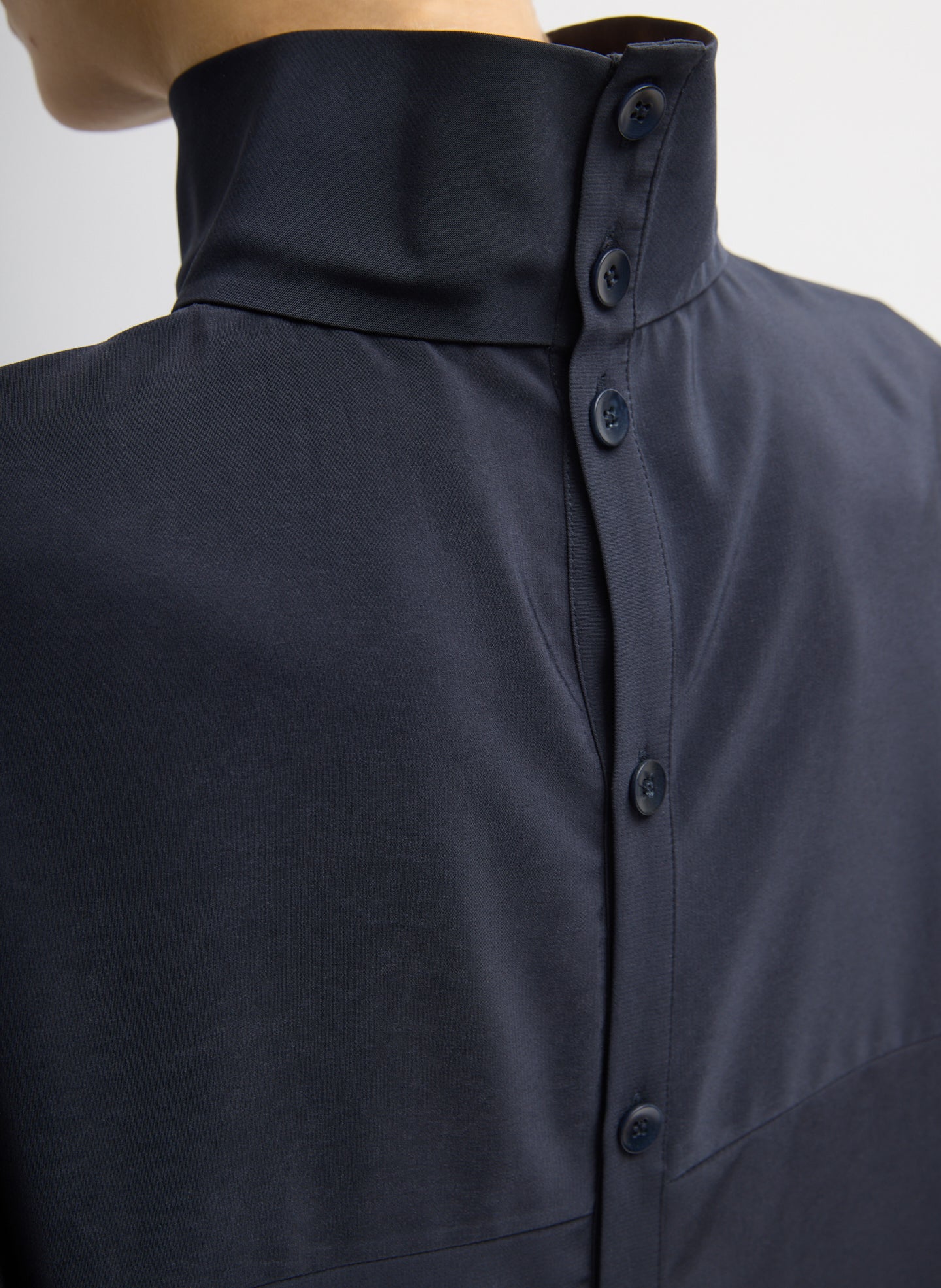 Relaxed Suiting Funnel Neck Dolman Sleeve Top - closeup of back button detail