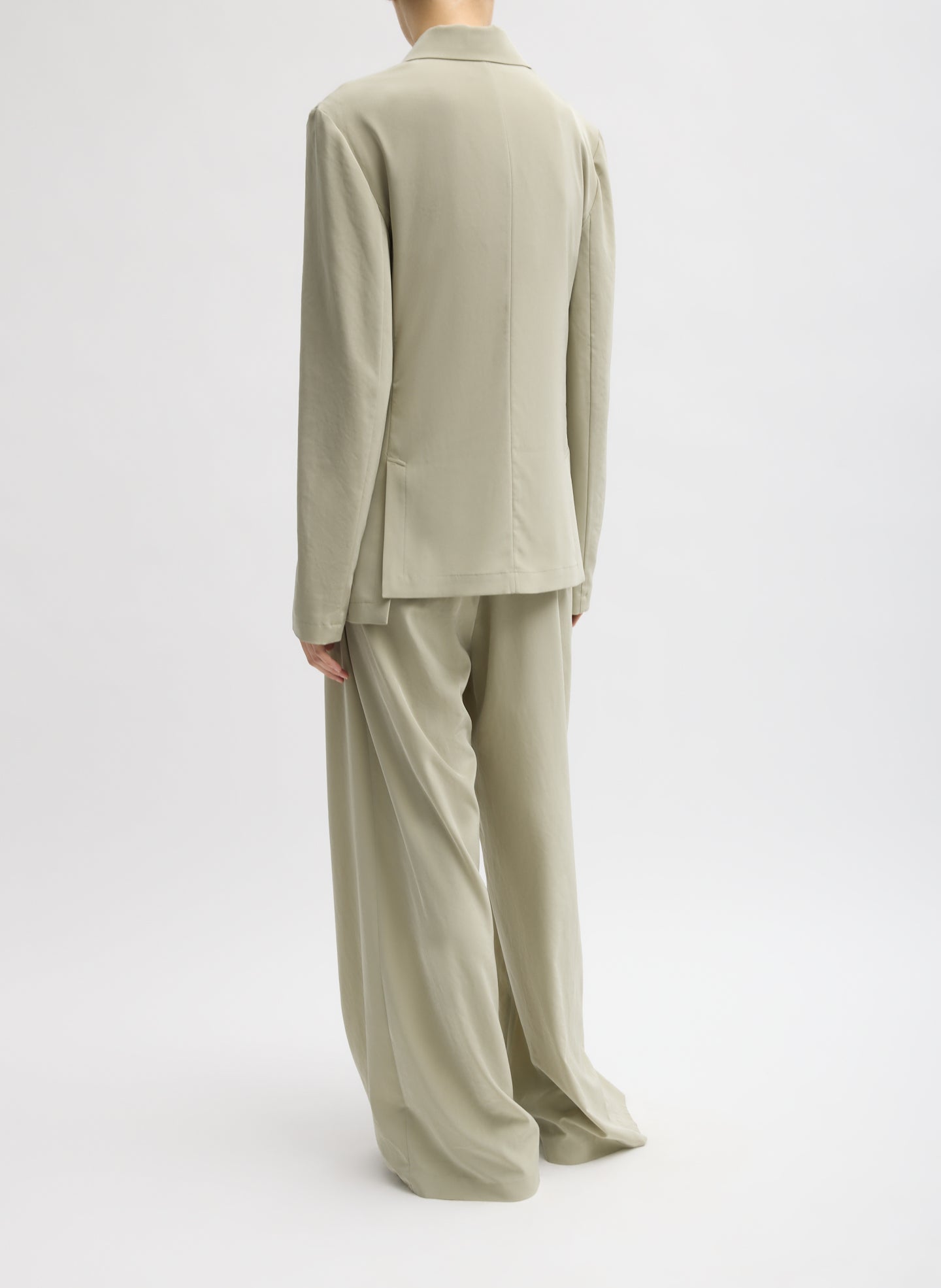 Moss Grey Relaxed Suiting Asymmetrical Wrap Blazer - full look, back view on model